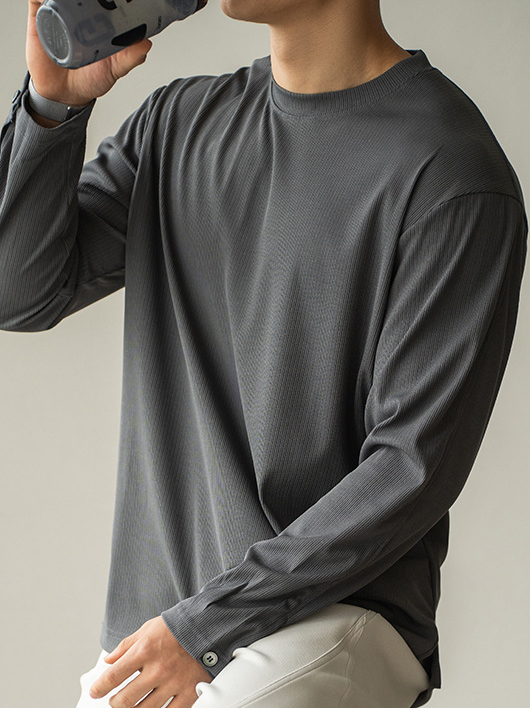 垂感肌理感條紋襯衫袖圓領長袖T恤男士春季新款休閒寬鬆打底