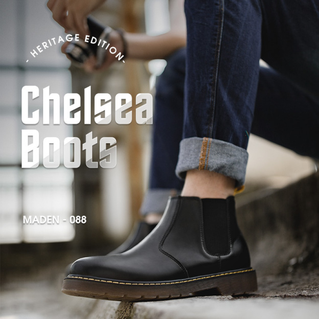 切爾西靴夏季英倫風中幫休閒工裝男鞋黑色高幫真皮馬丁靴子-Retro's Wear