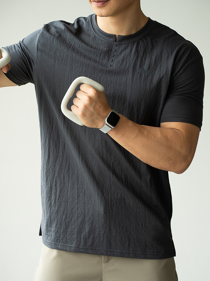 仿亞麻冰絲涼感薄款亨利領短袖T恤男2025夏透氣垂感休閒新款上衣