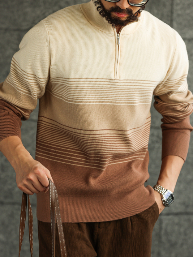 【沙丘牧者】意式立領半拉鍊漸變針織毛衣男士休閒POLO衫