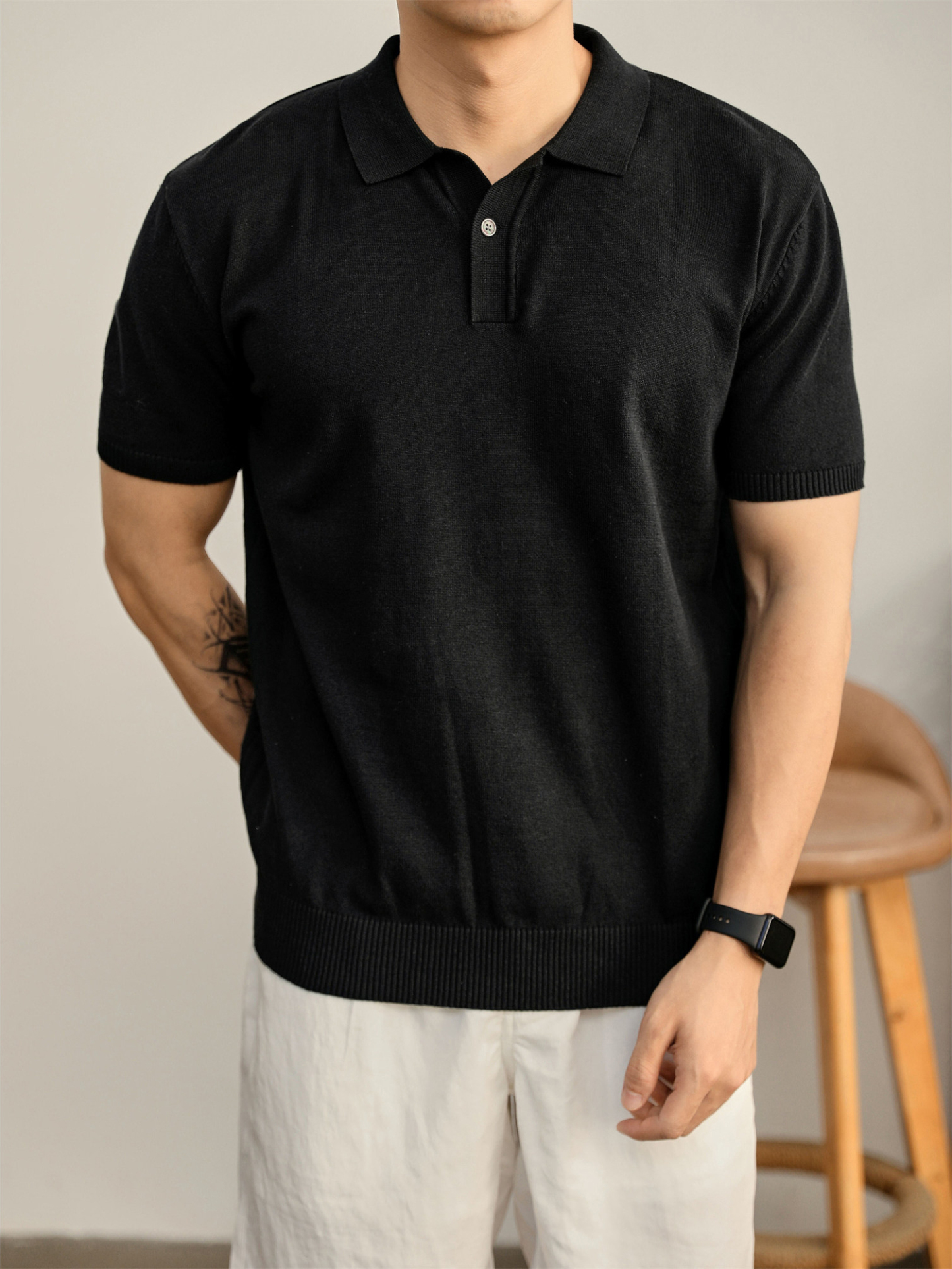 男夏季花天藍單紐扣設計翻領POLO衫輕奢休閒水洗棉針織短袖