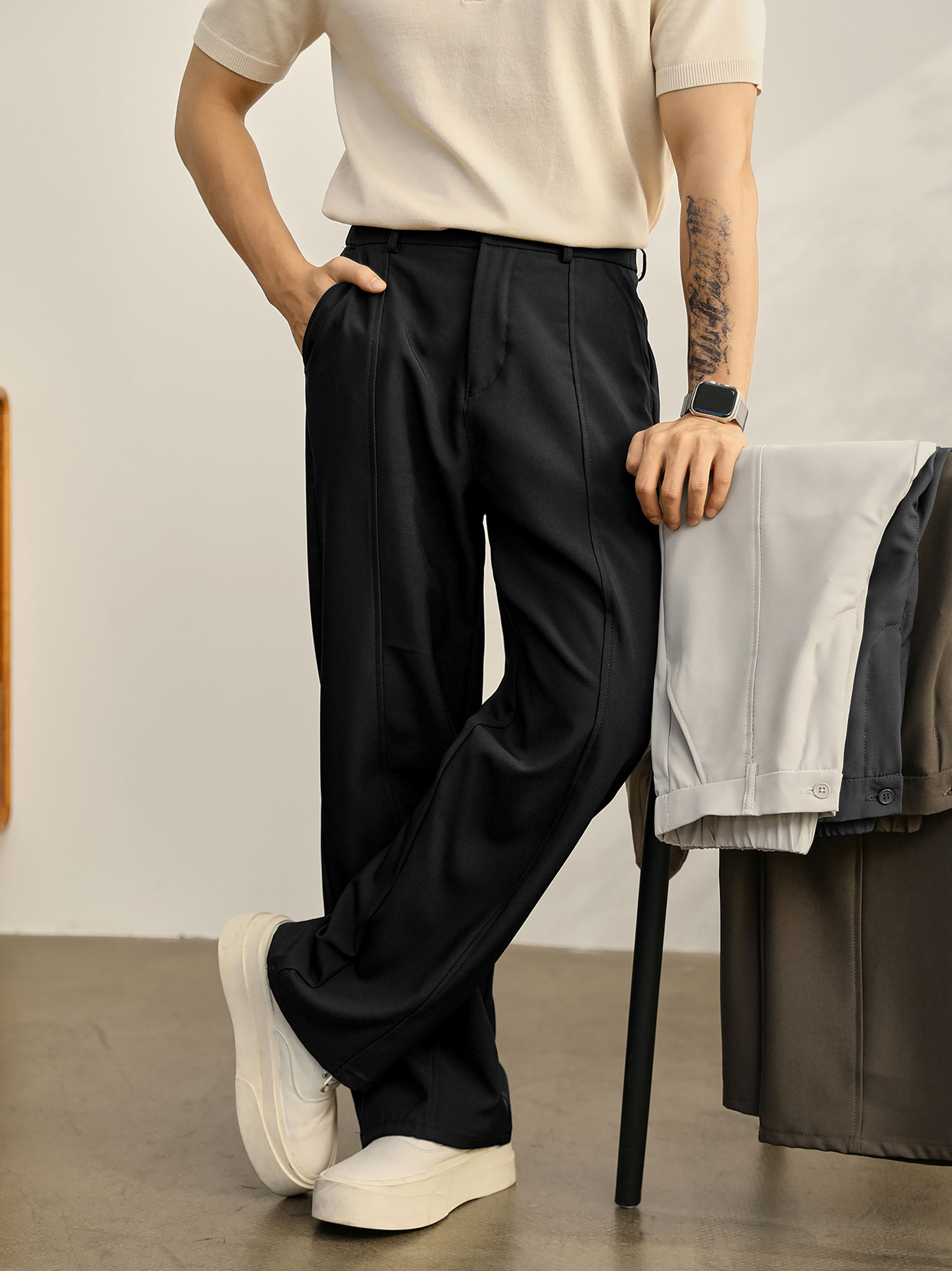 垂墜線條感休閒男士小西褲經典直筒闊腿褲半鬆緊腰免燙長褲