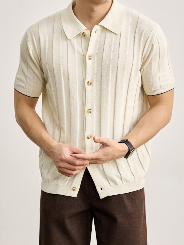 豎坑條鏤空挑孔POLO領針織開衫夏季天絲萊賽爾亞麻短袖襯衣