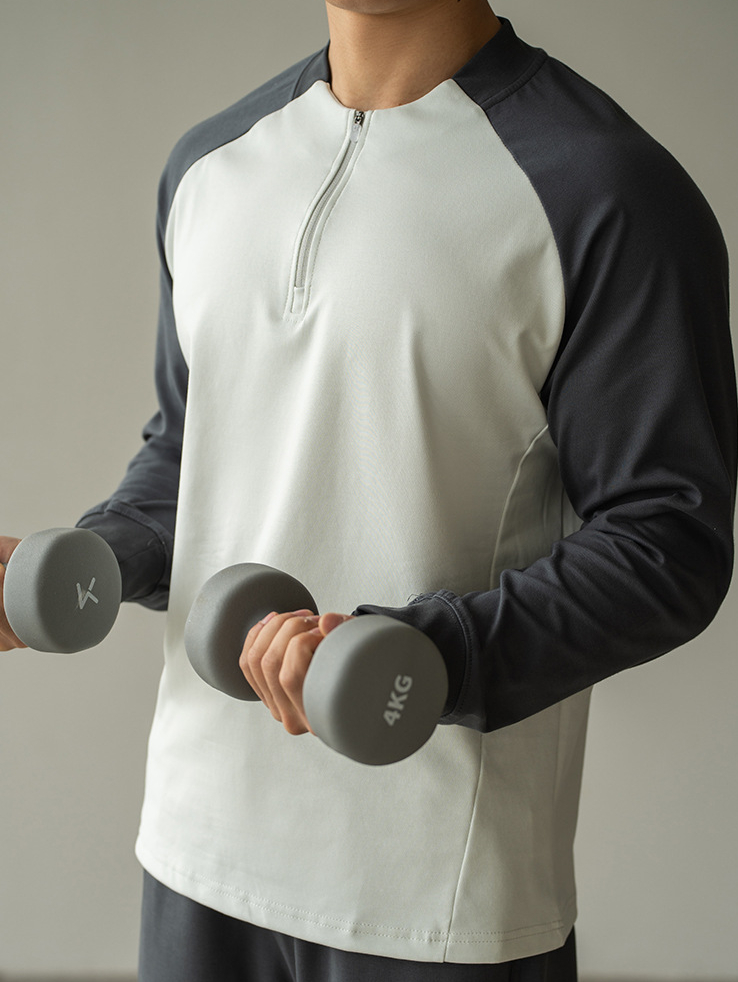 輕量化插肩袖撞色半拉鍊長袖T恤男新款春季速乾透氣運動騎行