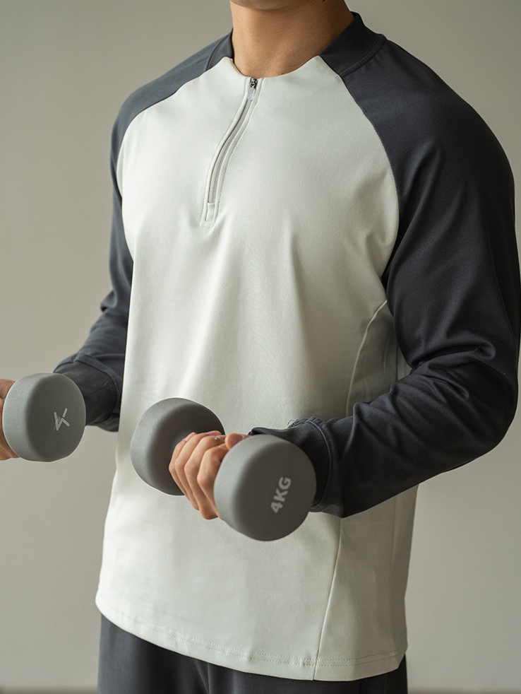 輕量化插肩袖撞色半拉鍊長袖T恤男新款春季速乾透氣運動騎行