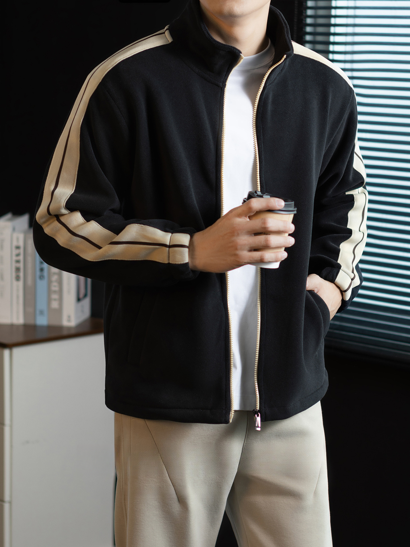 【静奢体感】四层锁棉撞色条纹立领男士外套冬季加厚双面绒夹克衫