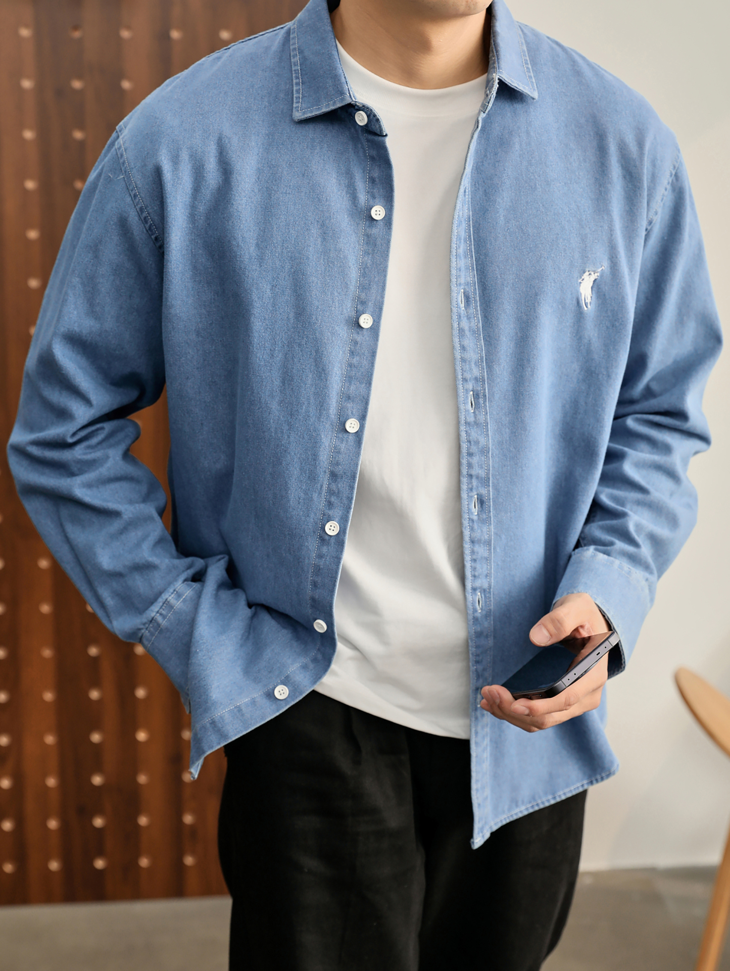 美式潮牌復古水洗做舊騎士刺繡100%純棉牛仔休閒長袖襯衫男