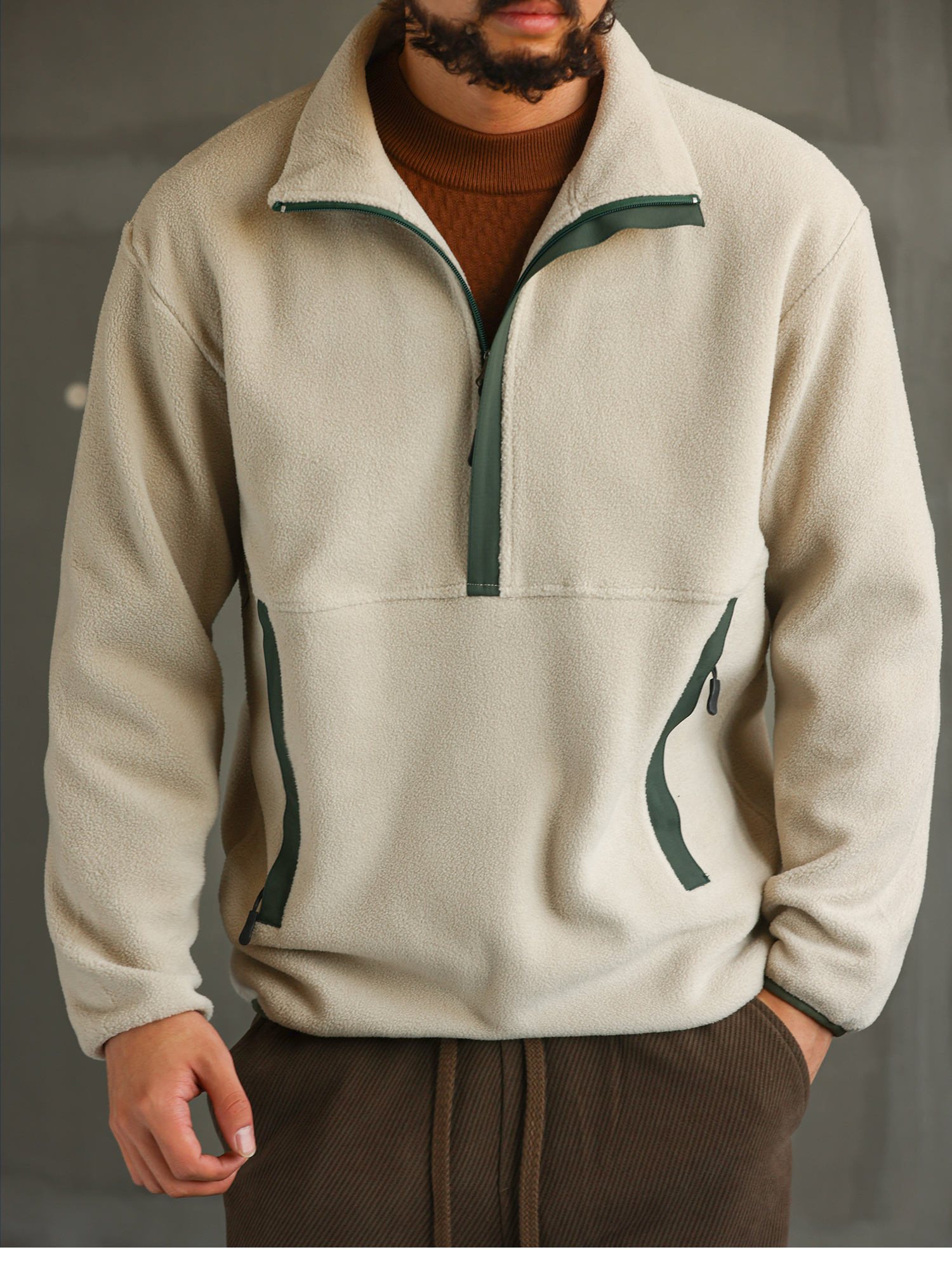 【無界型動】撞色羊羔絨衛衣男士秋冬加厚保暖半拉鍊外套