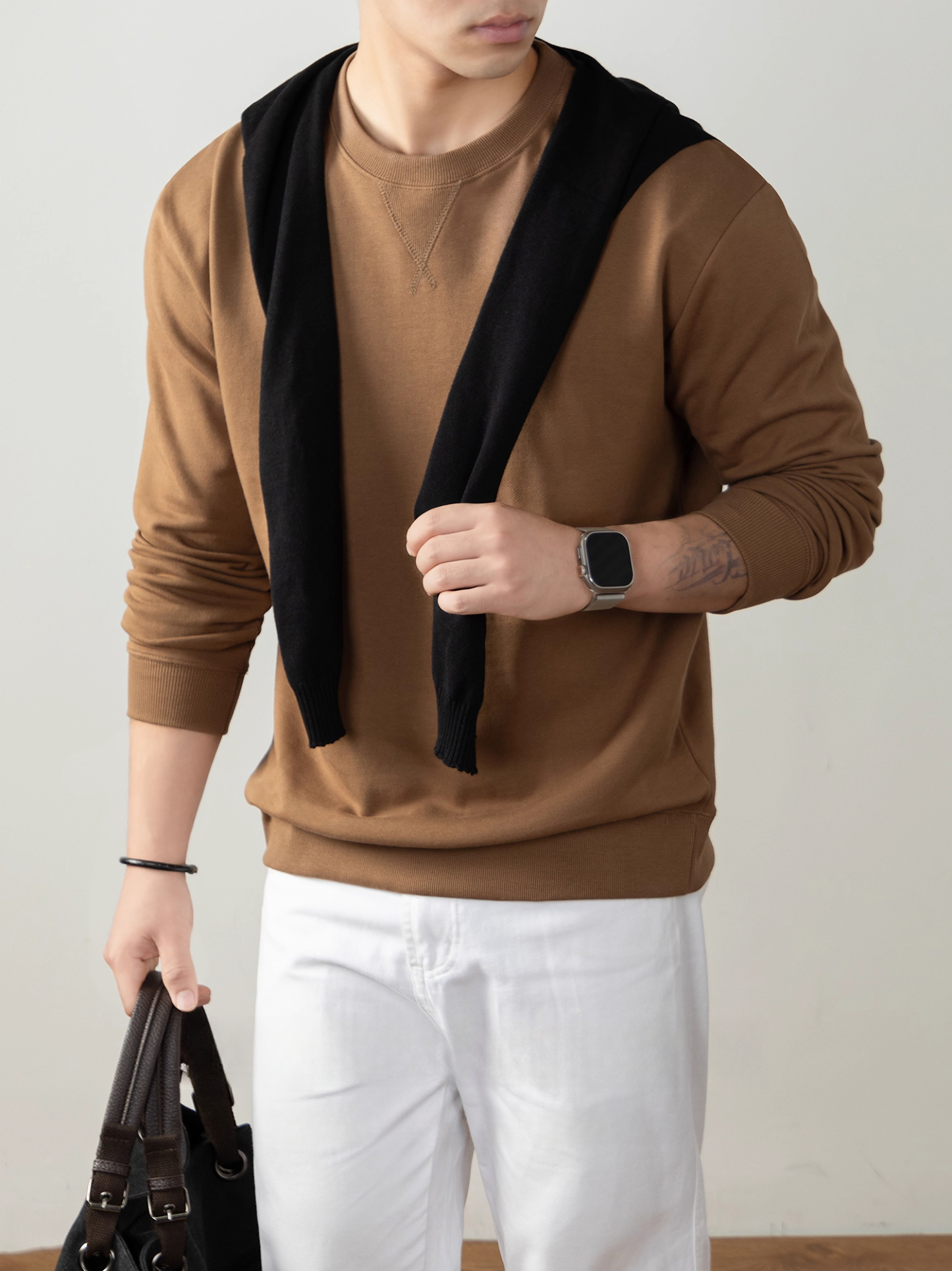 340g重磅純棉衛衣男2025秋冬新款寬鬆厚實長袖t恤純色日系打底衫