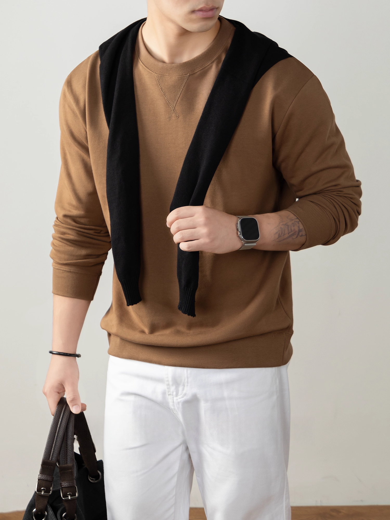 340g重磅純棉衛衣男2025秋冬新款寬鬆厚實長袖t恤純色日系打底衫