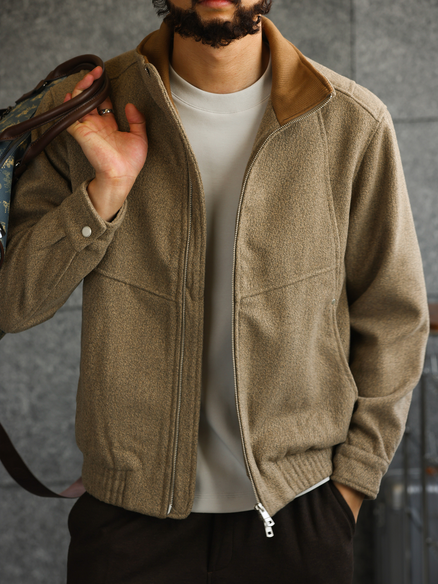 【都市游牧】高定麻感肌理呢子棉立领夹克男商务休闲外套