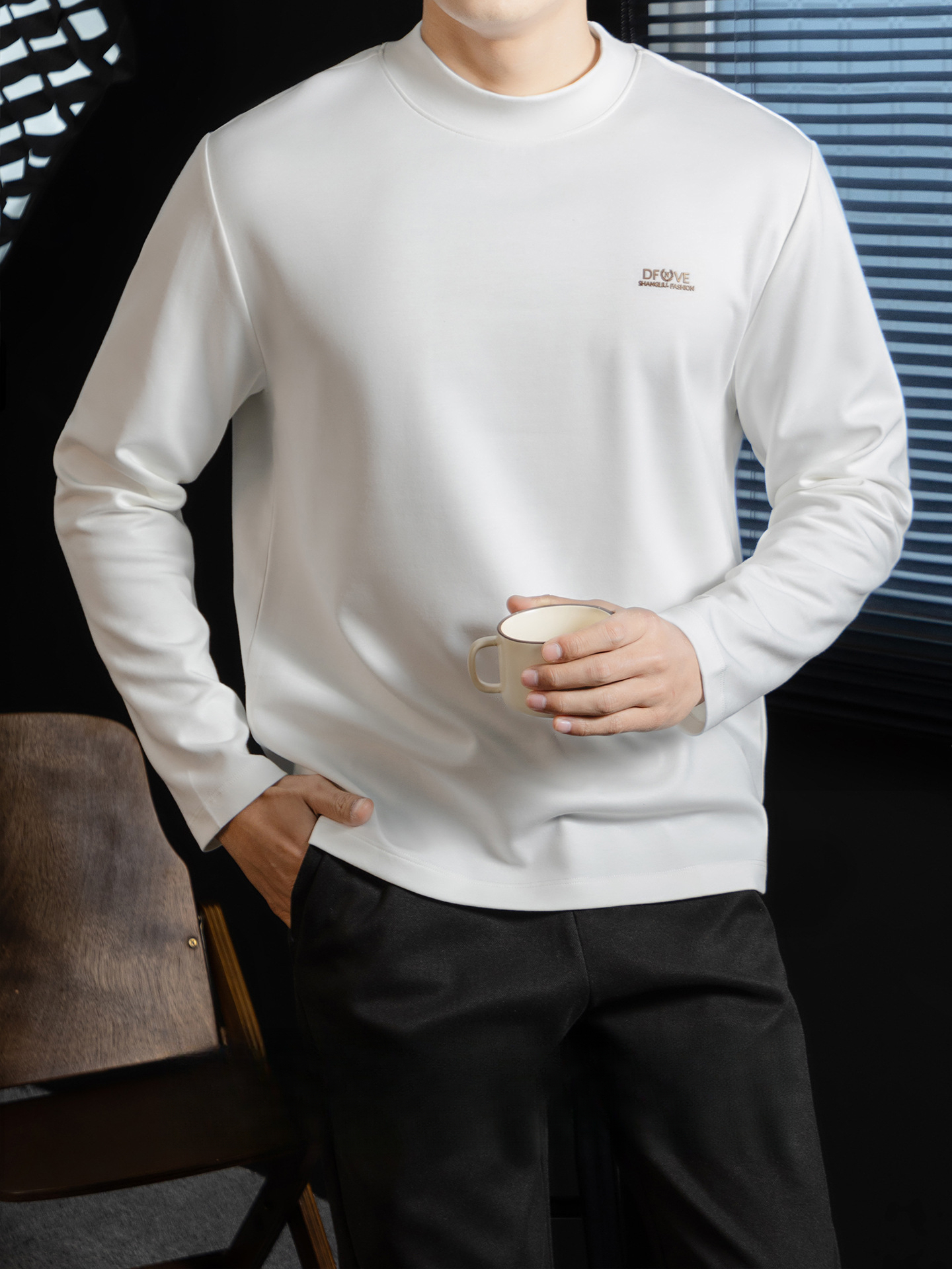 高定雲柔莫代爾棉T恤男士半高領秋冬輕熟商務打底衫垂感印花上衣