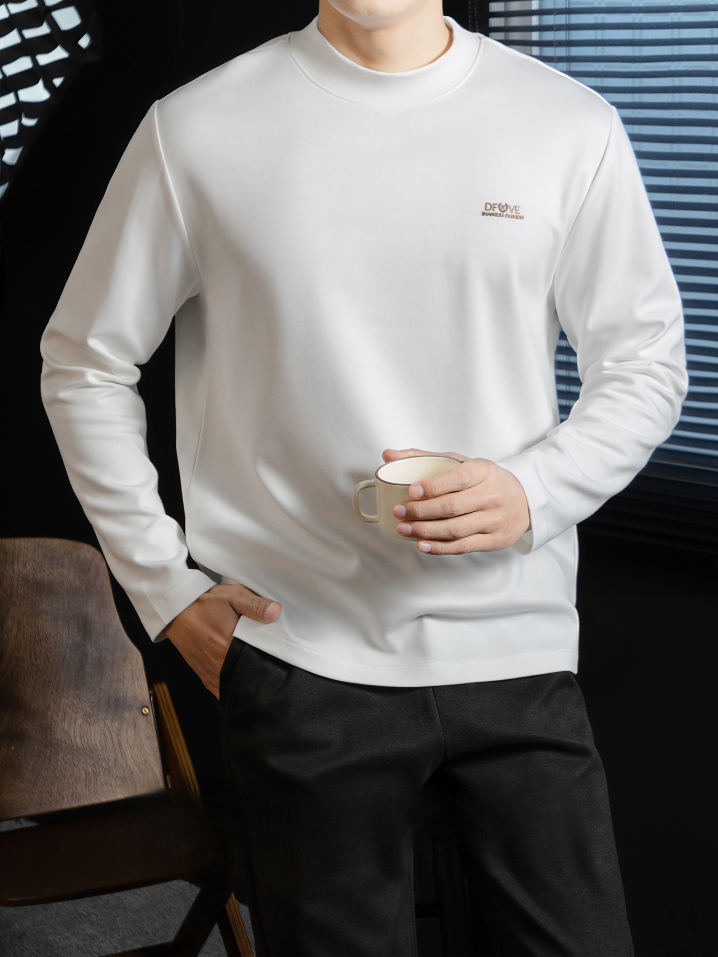 高定雲柔莫代爾棉T恤男士半高領秋冬輕熟商務打底衫垂感印花上衣