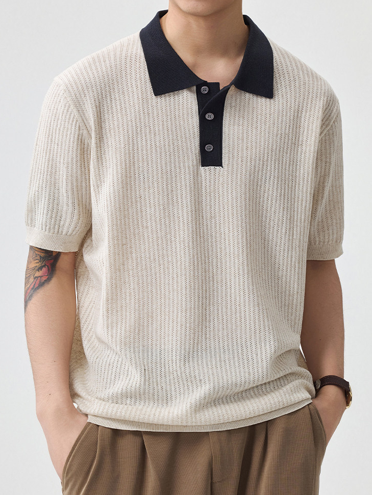 男士薄款春夏新款老錢風男翻領短袖針織衫亞麻純色撞色日系簡約薄