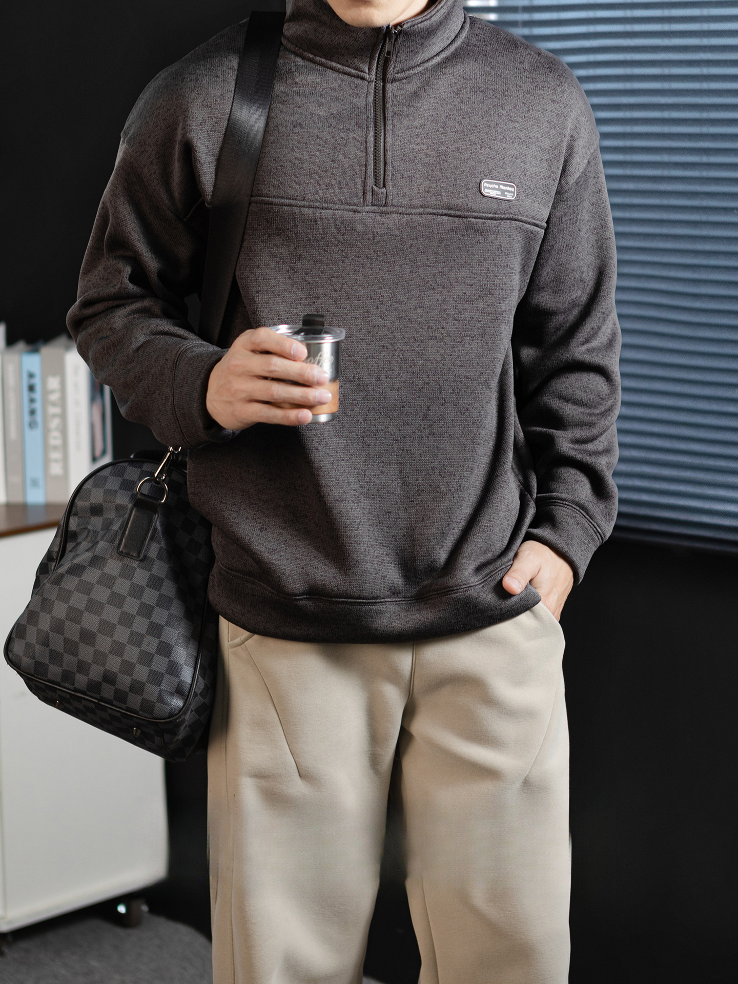 360G重磅加厚毛織絨半拉鍊立領衛衣男老錢風冬季保暖拼接設計上衣