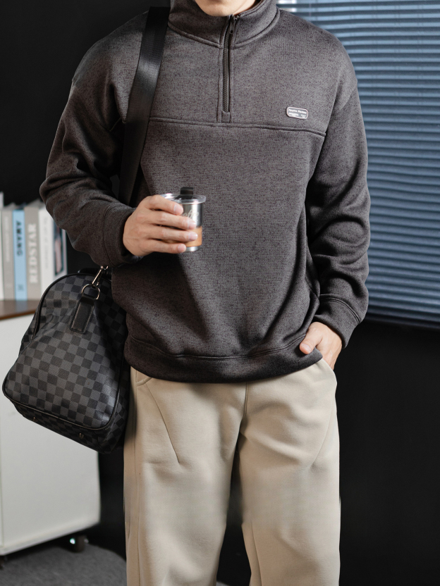 360G重磅加厚毛織絨半拉鍊立領衛衣男老錢風冬季保暖拼接設計上衣