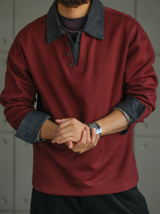 【丹寧樣本】撞色牛仔拼接假兩件長袖POLO衫男士翻領T恤