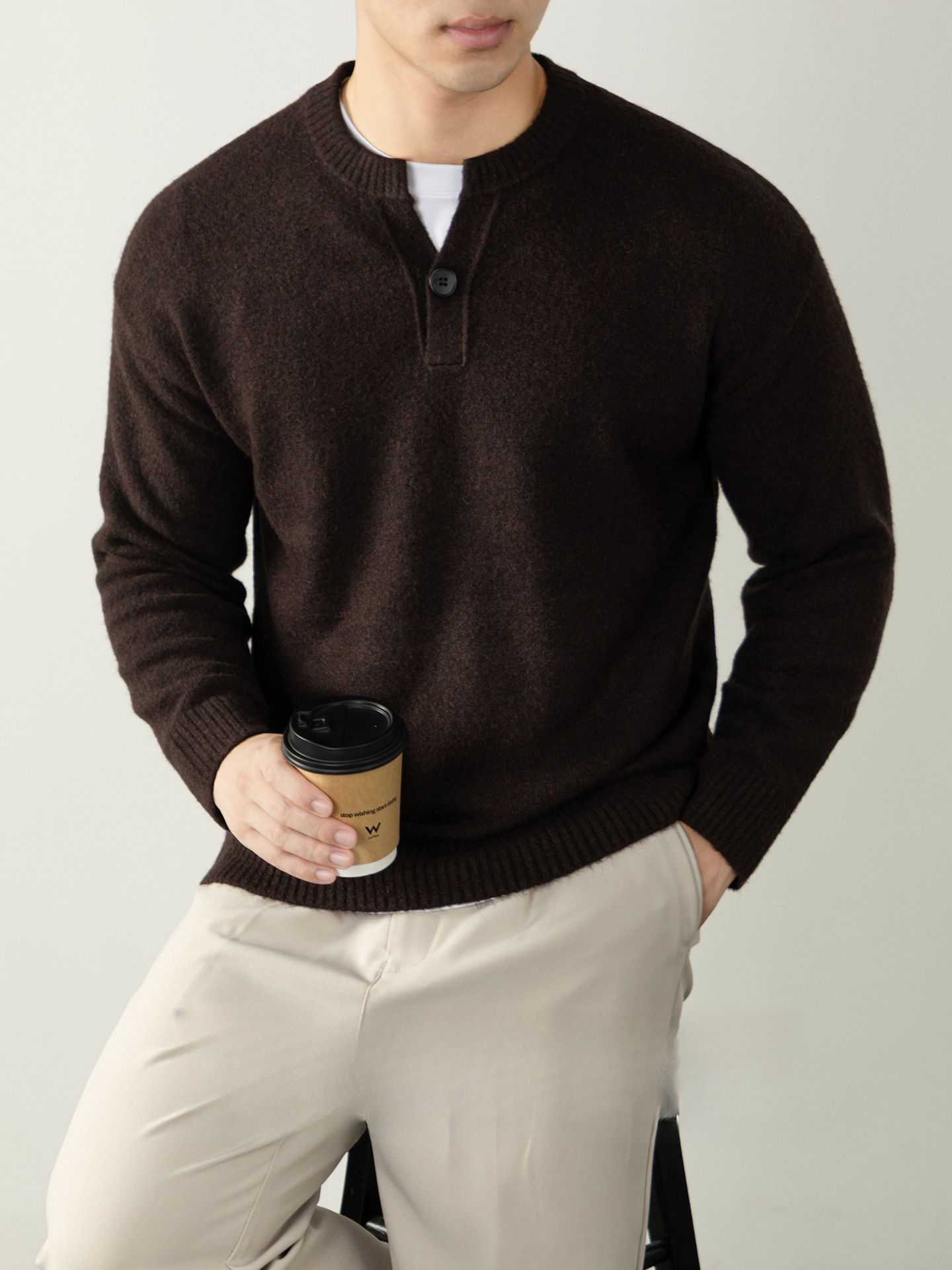 美式單扣亨利領毛衣男士休閒鬆弛感秋冬季保暖針織衫