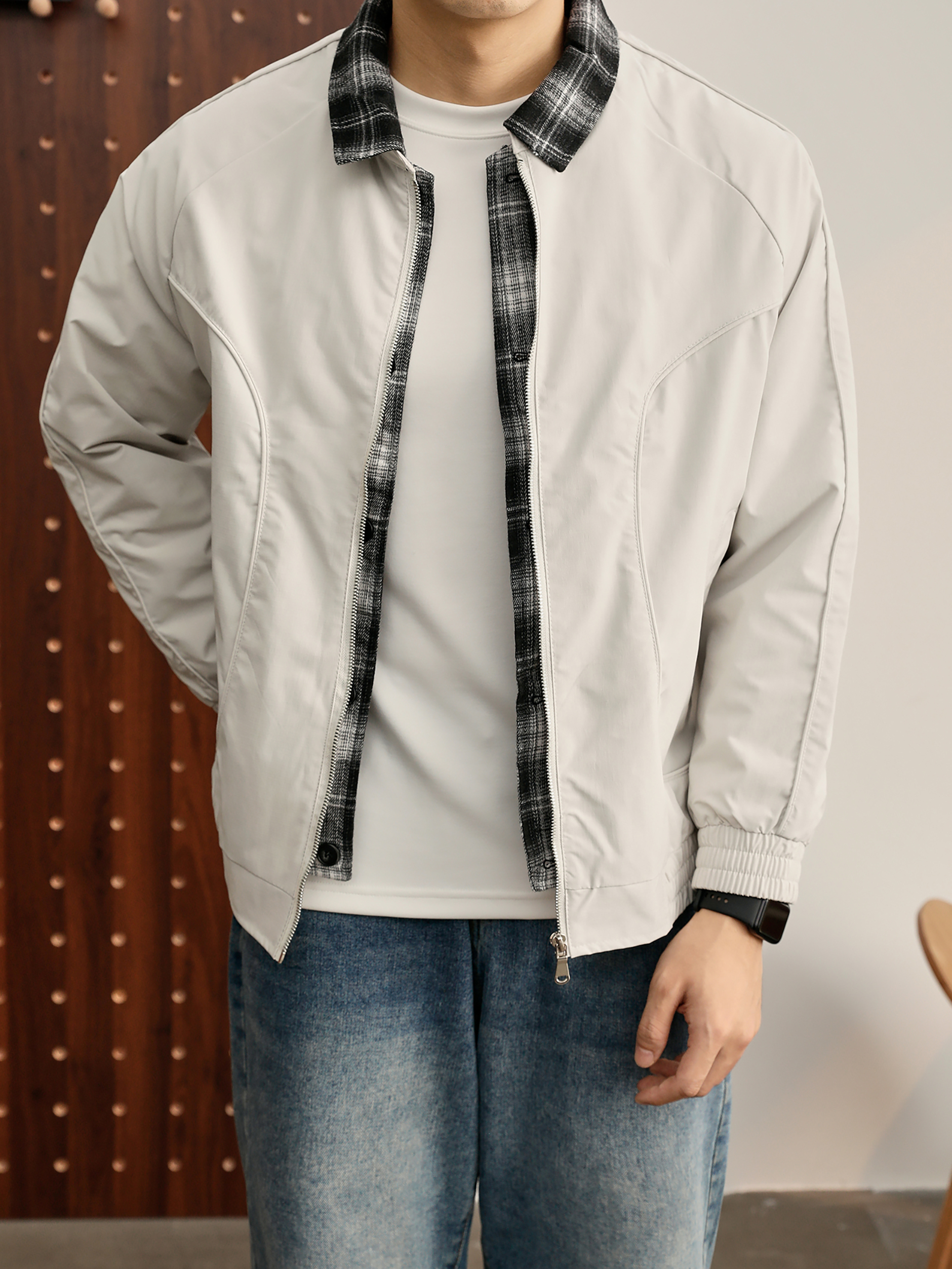 美式潮流撞色格紋拼接夾克弧形分割線雙重閉合假兩件外套男