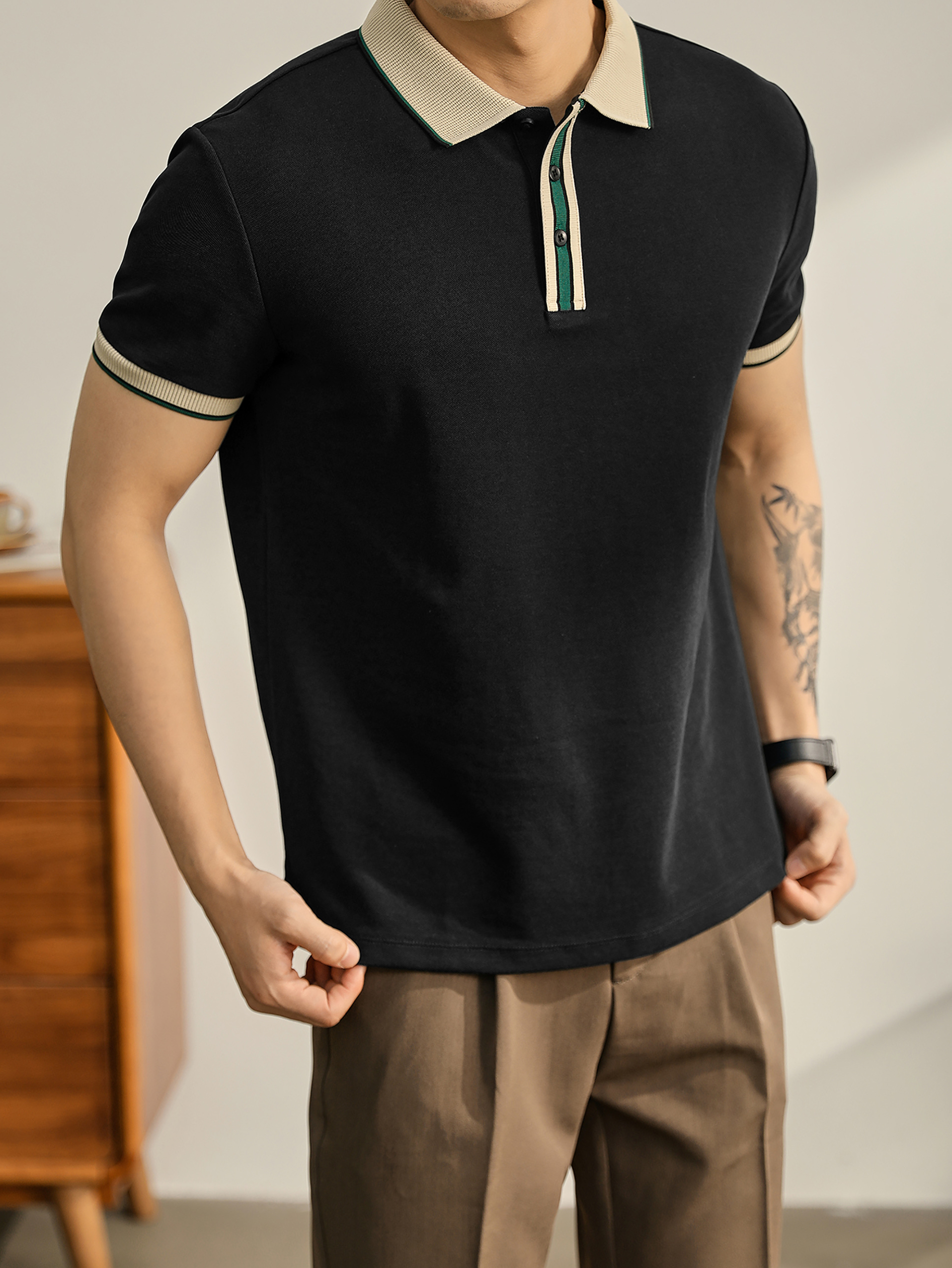 輕奢氣質感撞色翻領短袖保羅衫男士針織拼料上衣透氣Polo衫