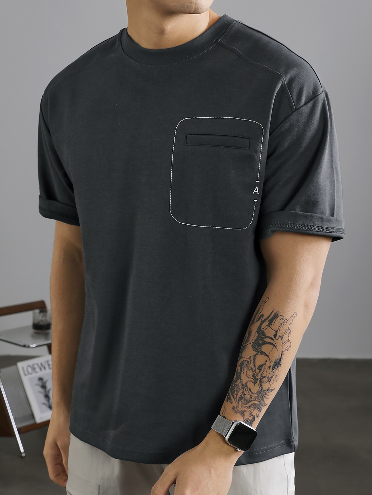簡約A字刺繡棉質短袖T恤男國潮明線假口袋裝飾百搭圓領體恤