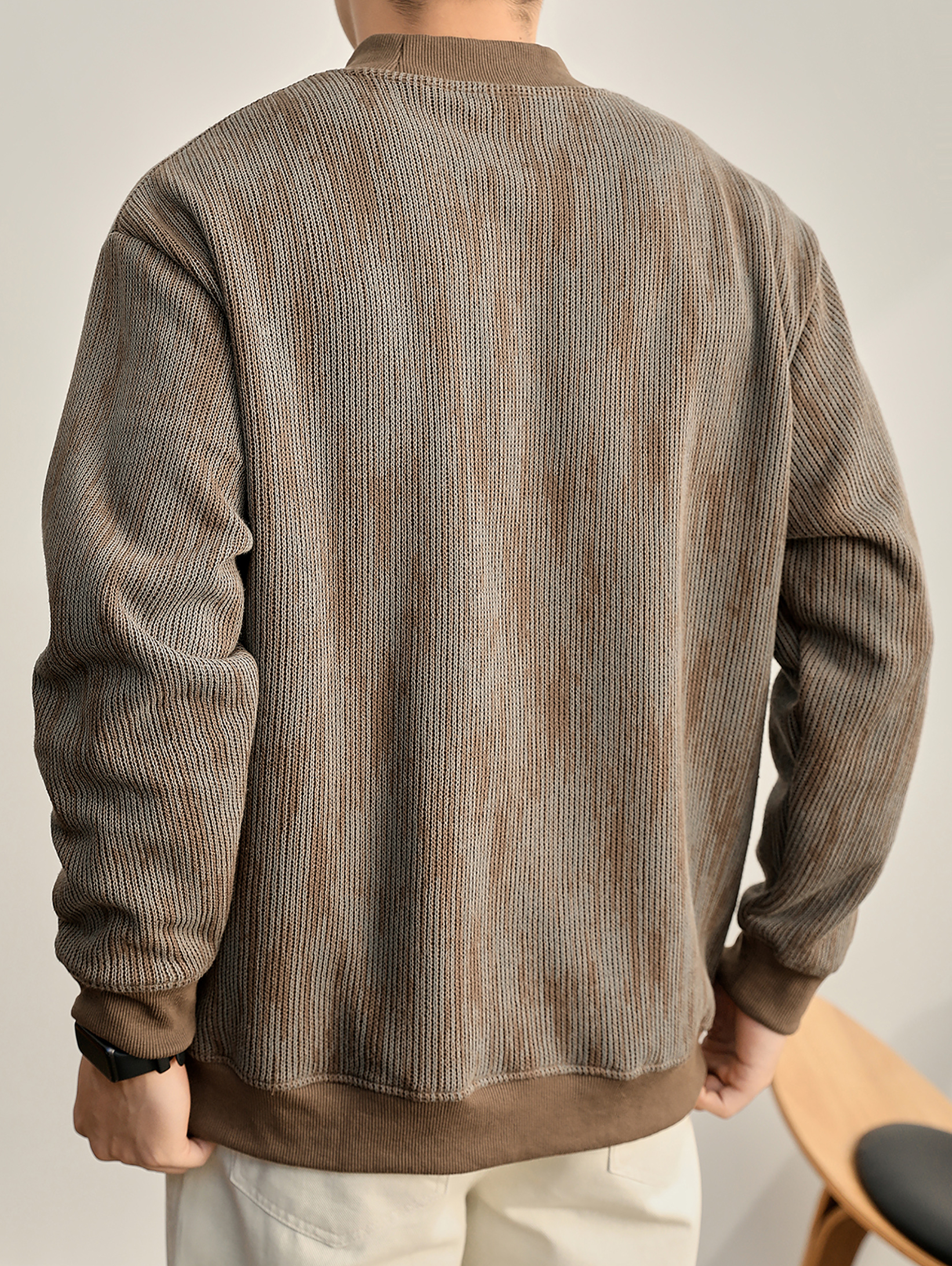 美式復古漸變斑駁感圓領衛衣男珠地蜂窩網重磅420g針織上衣