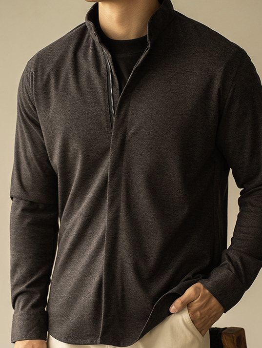 輕商務毛呢拉鍊長袖襯衫男士青年秋冬季新款修身休閒外套