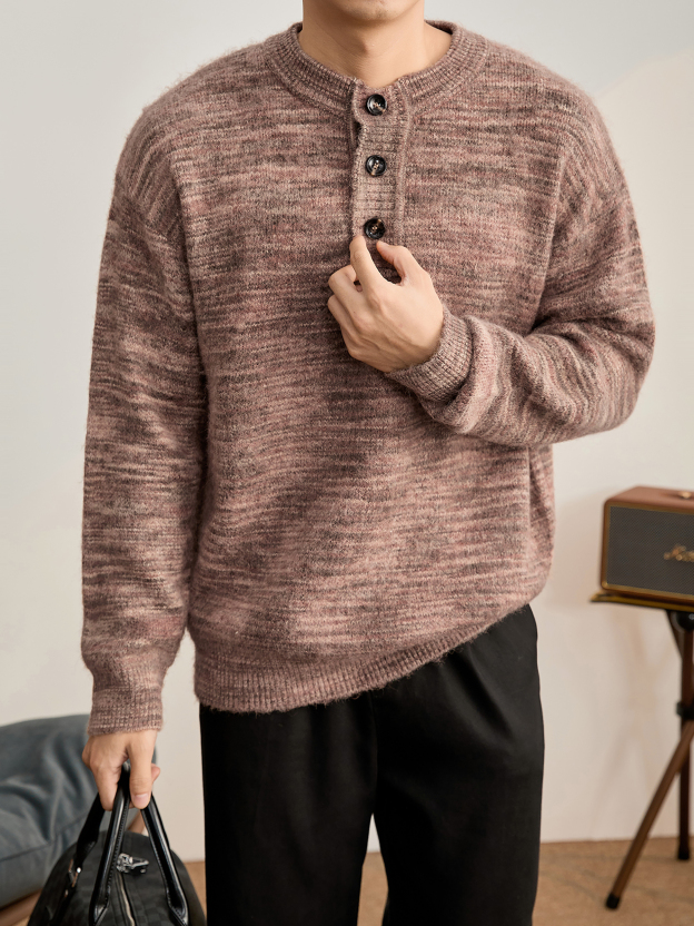 奢華多色漸變紗線針織毛衣男軟糯綿羊毛混紡保暖亨利領長袖