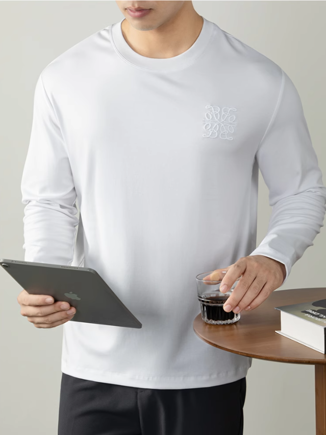 【80S高支萊賽爾】雙面液氨絲光長袖T恤男刺繡輕奢高端打底衫商務