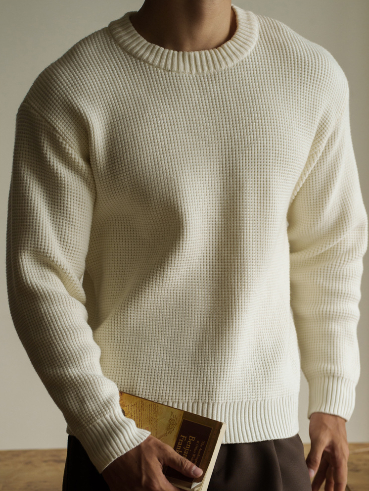 華夫格7針透氣紋理圓領毛衣男士2025秋冬老錢風新款休閒新針織衫