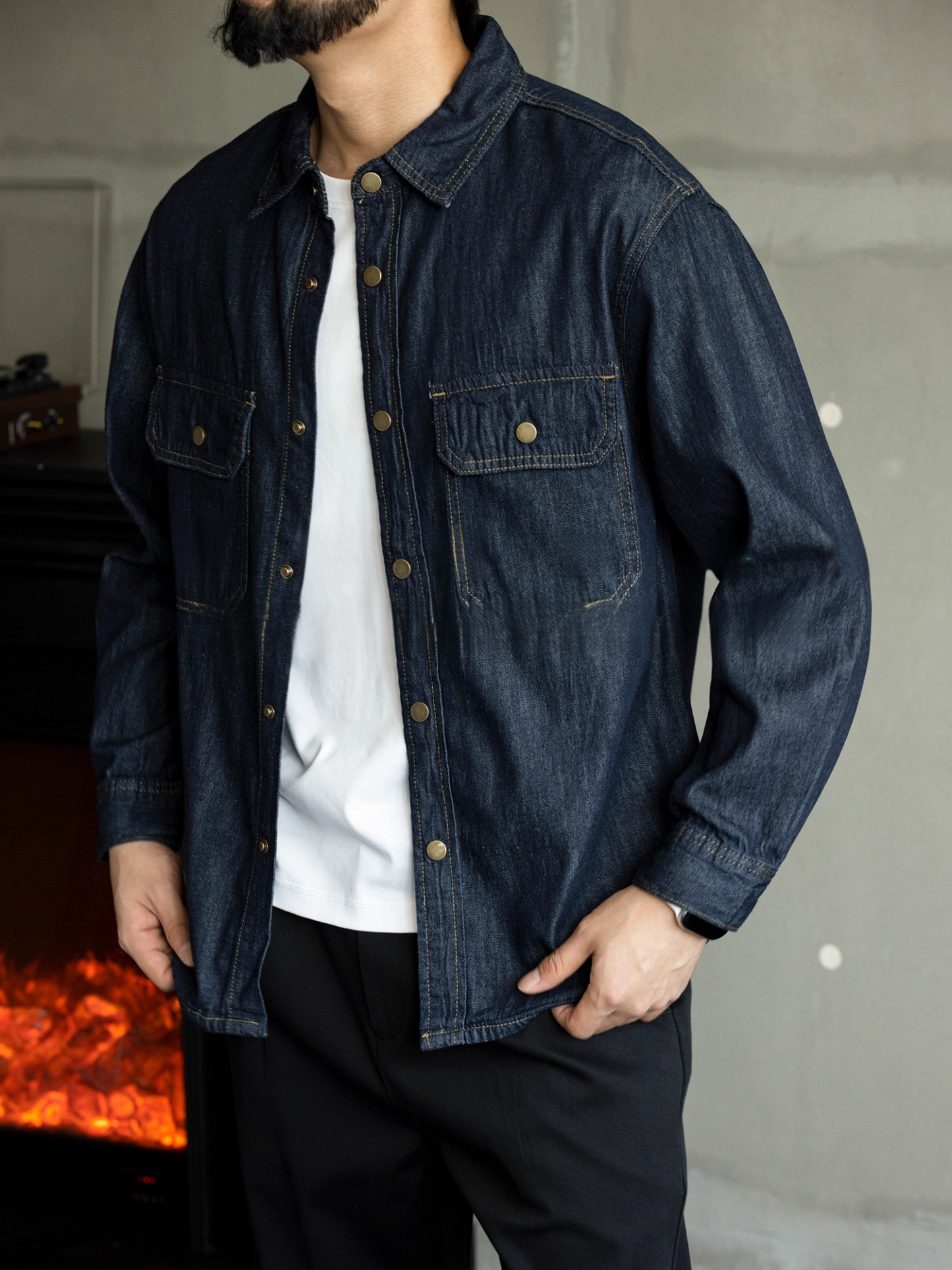 秋季新款原色水洗復古牛仔長袖襯衫男士寬鬆純棉高級簡約襯衣外套