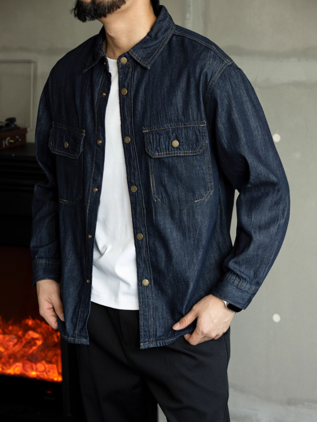 秋季新款原色水洗復古牛仔長袖襯衫男士寬鬆純棉高級簡約襯衣外套