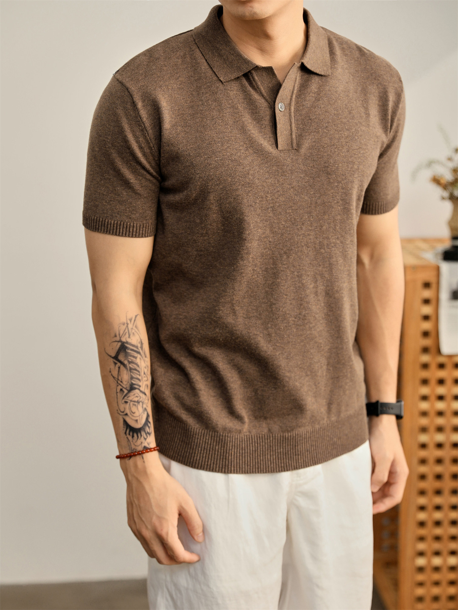 男夏季花天藍單紐扣設計翻領POLO衫輕奢休閒水洗棉針織短袖