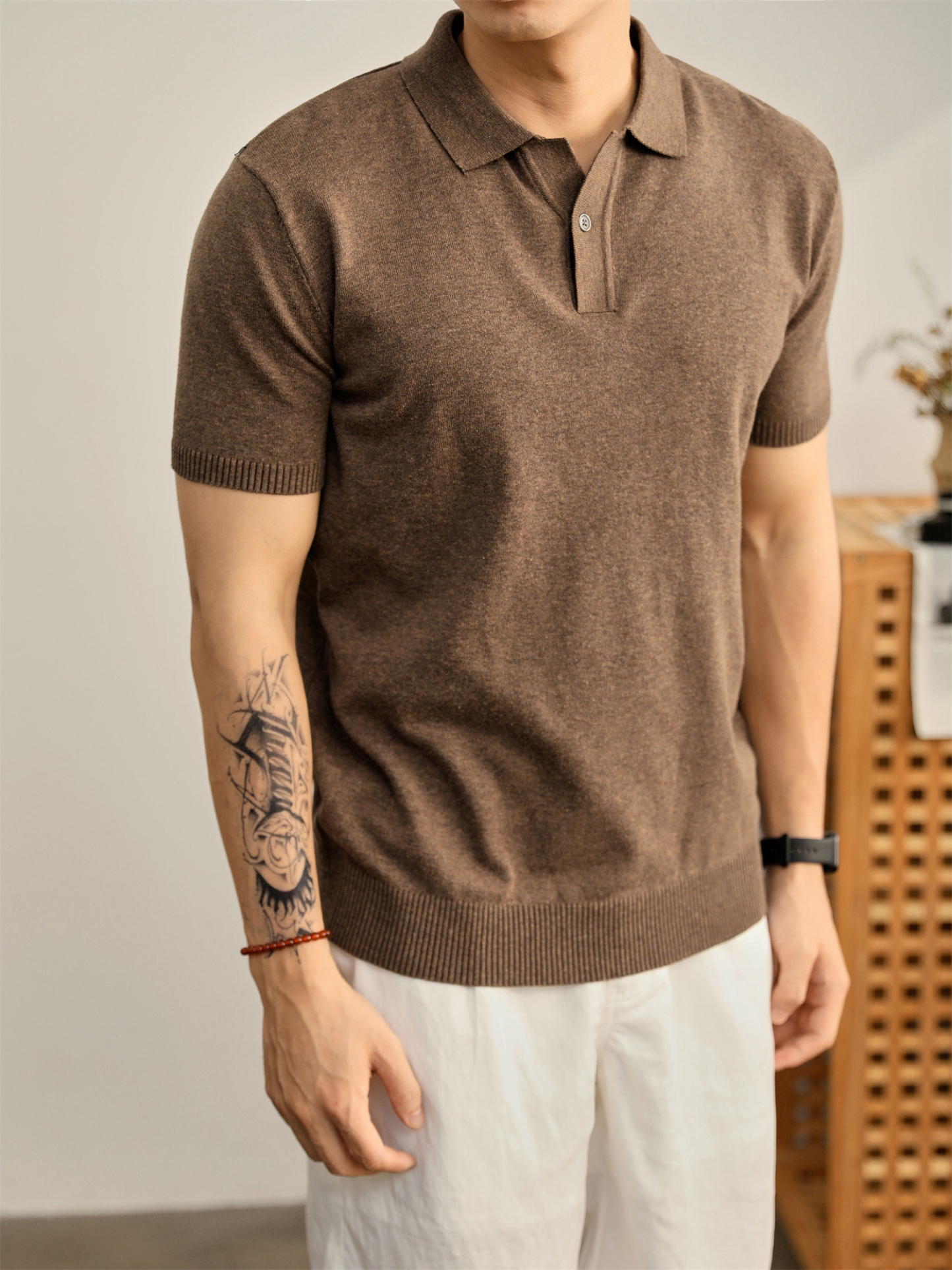 男夏季花天藍單紐扣設計翻領POLO衫輕奢休閒水洗棉針織短袖