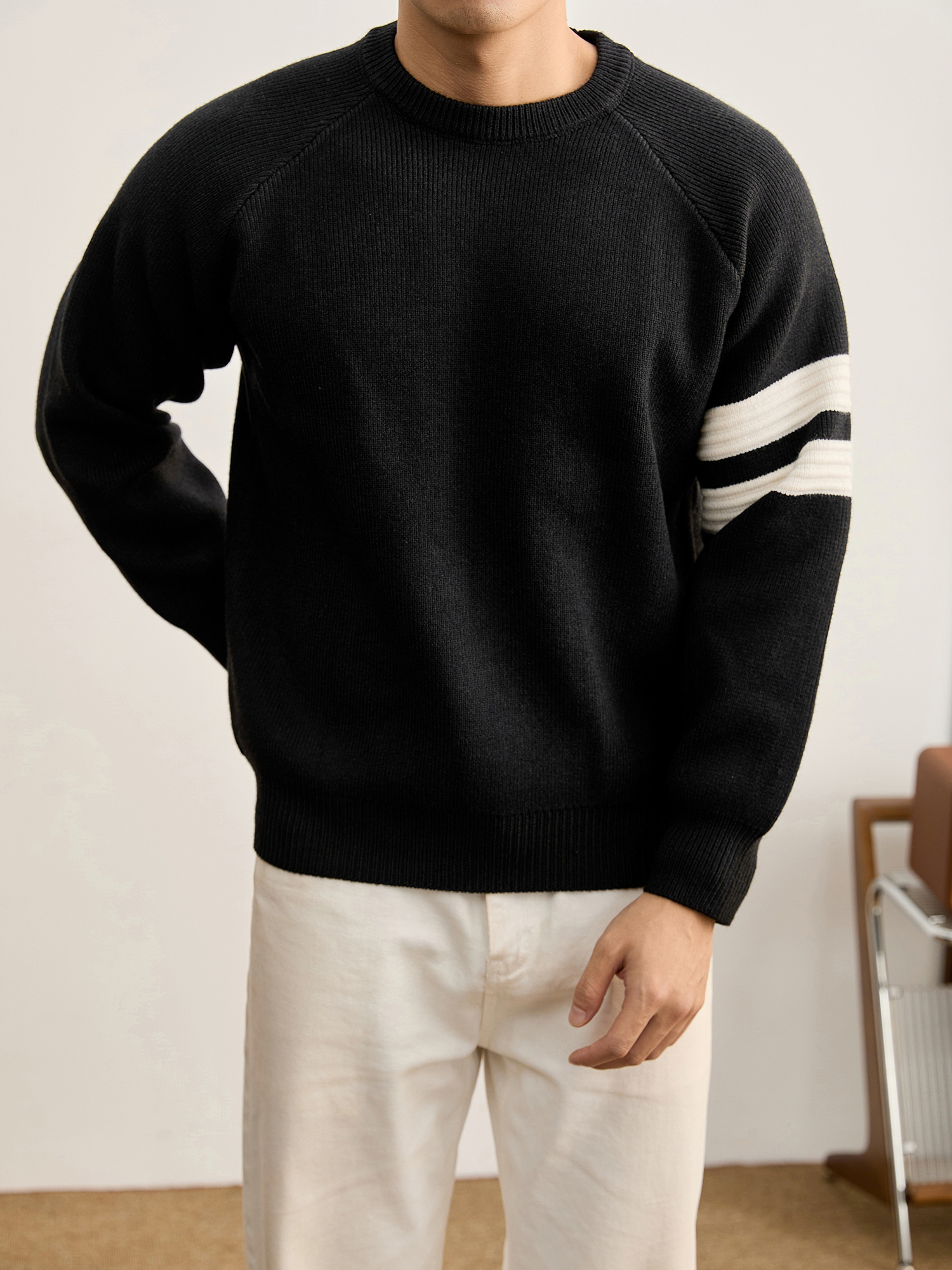 重磅810g極簡風潮奢圓領針織衫男秋冬季保暖兩道槓套頭毛衣