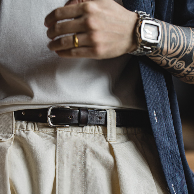 復古黑色頭層牛皮腰帶阿美咔嘰針扣腰鏈配飾真皮皮帶男士-Retro's Wear