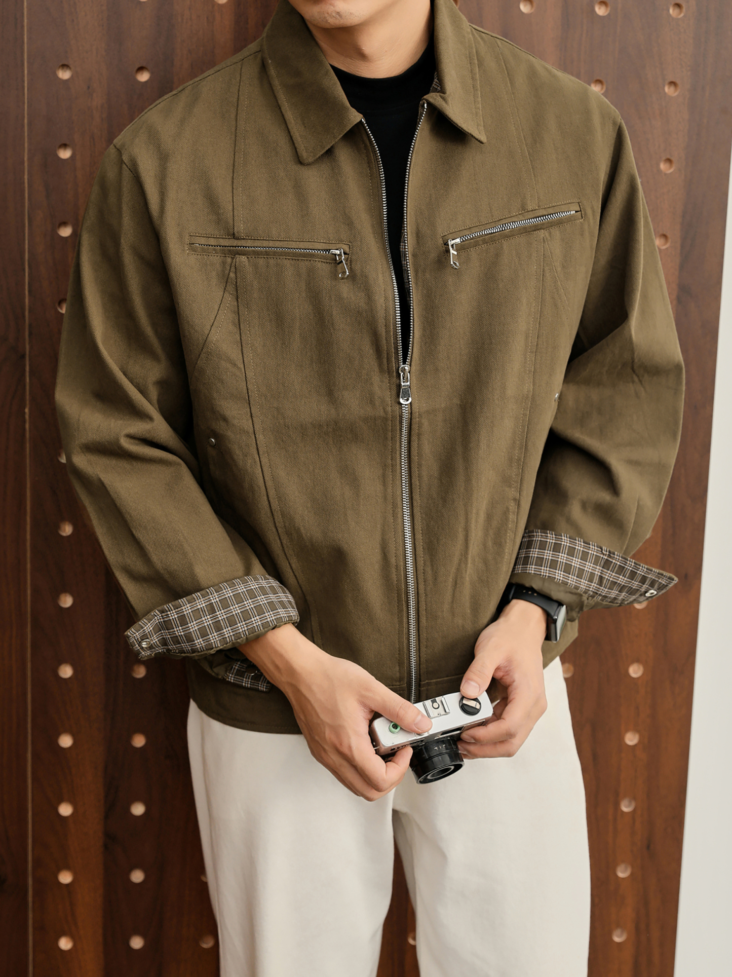 美拉德工裝哈靈頓短外套100%純棉復古拼接格紋帆布夾克男士