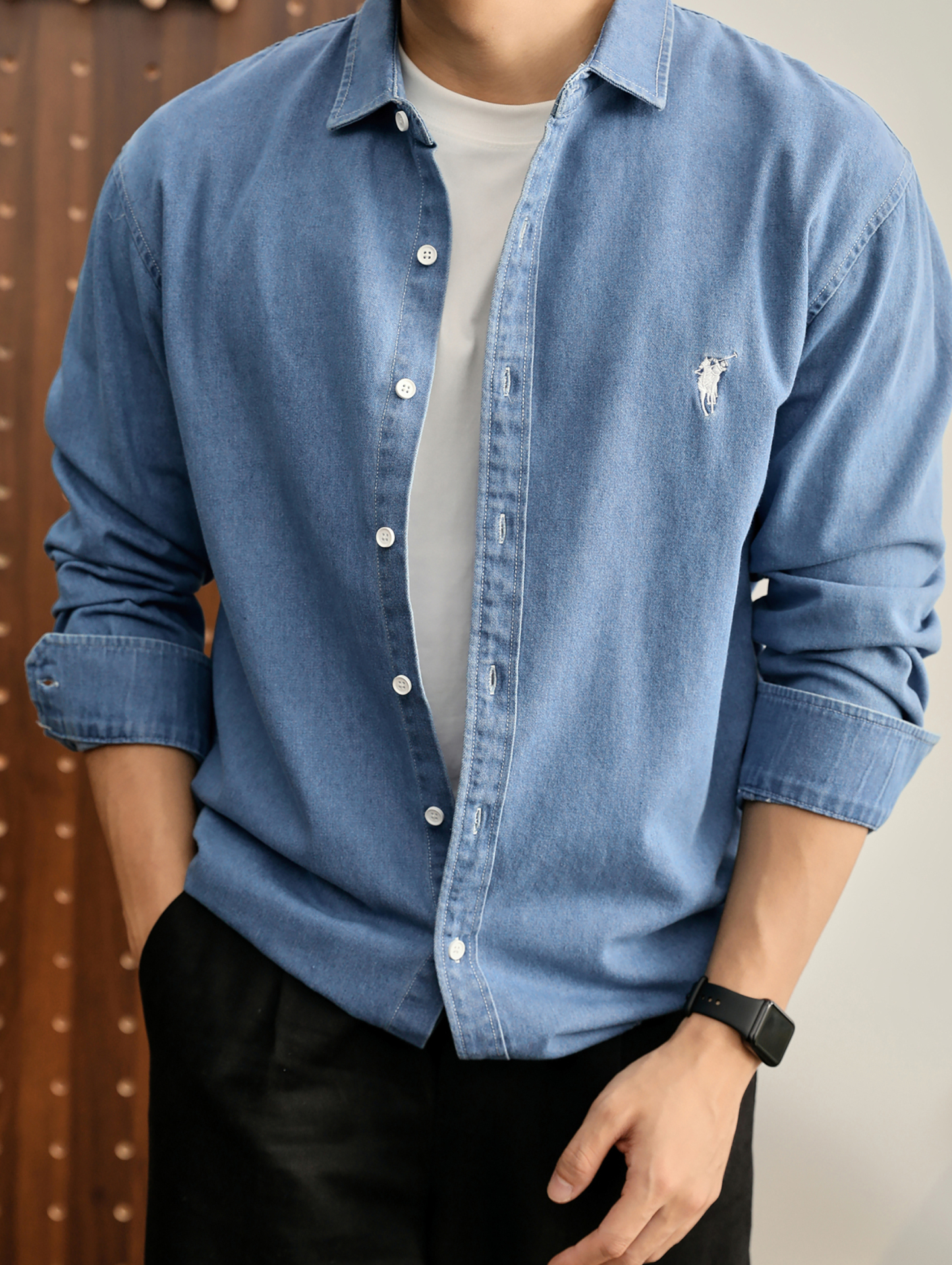 美式潮牌復古水洗做舊騎士刺繡100%純棉牛仔休閒長袖襯衫男