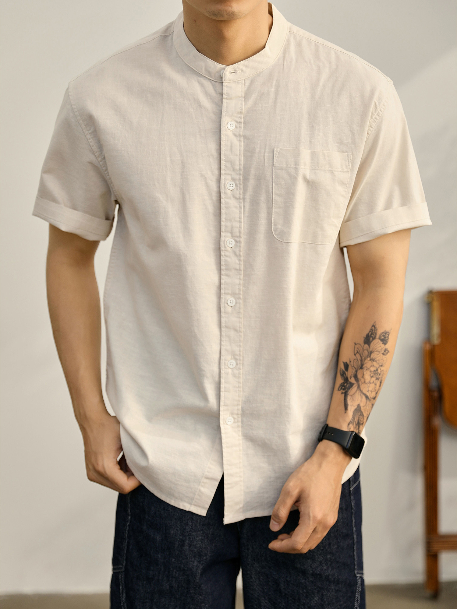 新中式透氣亞麻中山領襯衫白色口袋款襯衣薄款無領男短袖襯衫