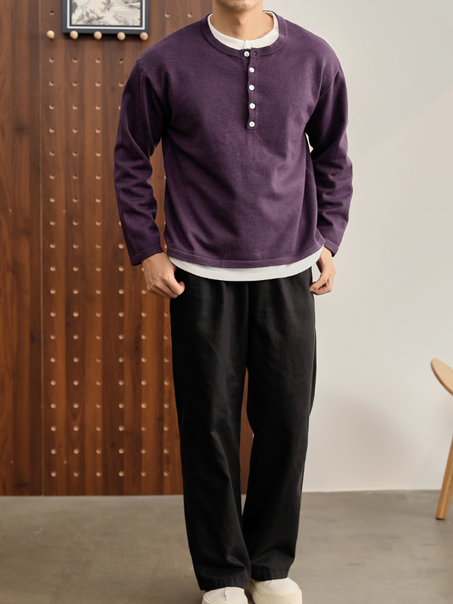 時髦高智感假兩件撞色亨利領針織衫男士秋季休閒百搭長袖T恤