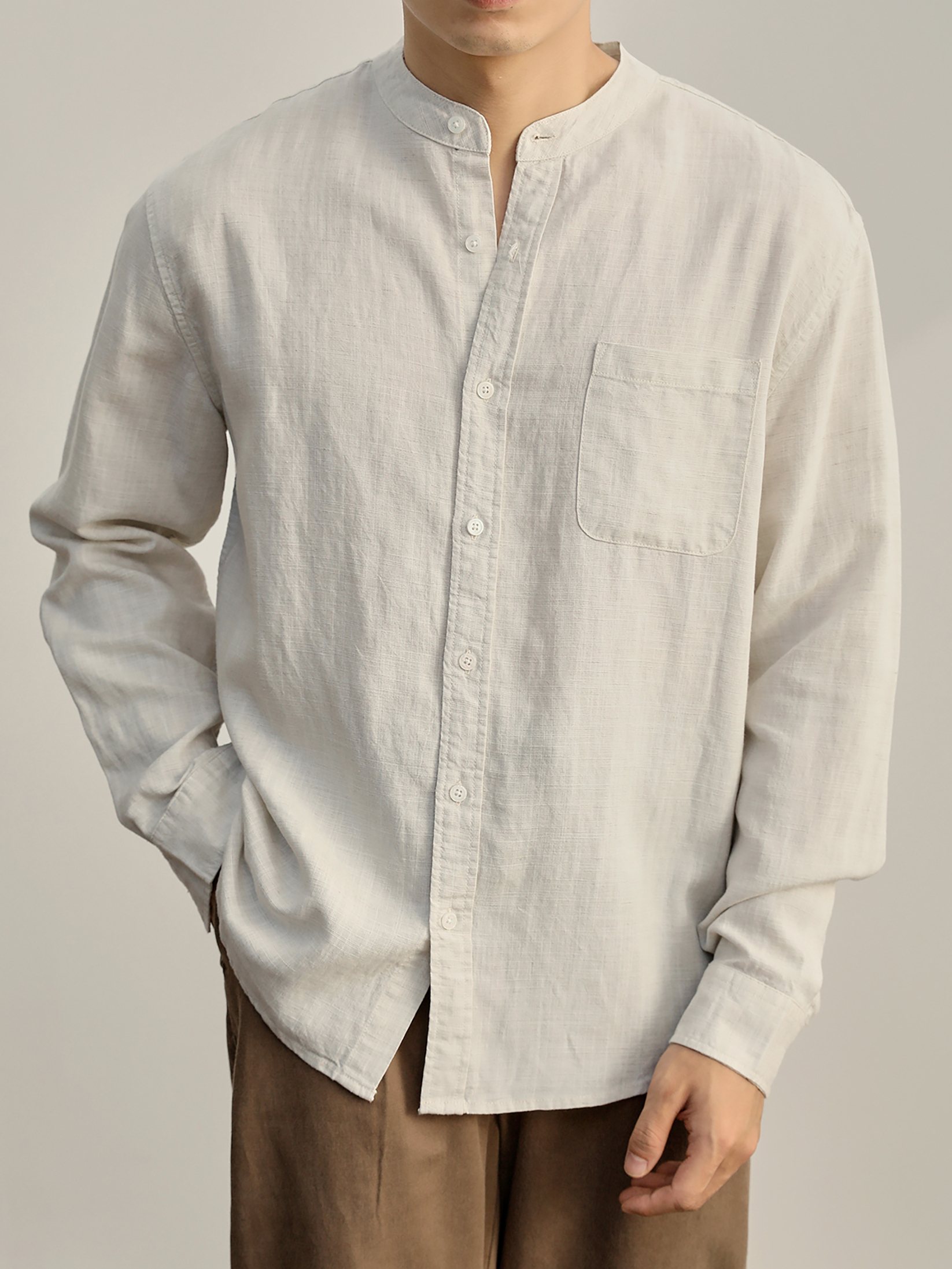 輕奢沉穩老錢口袋款襯衣天絲亞麻休閒長袖復古中式立領襯衫
