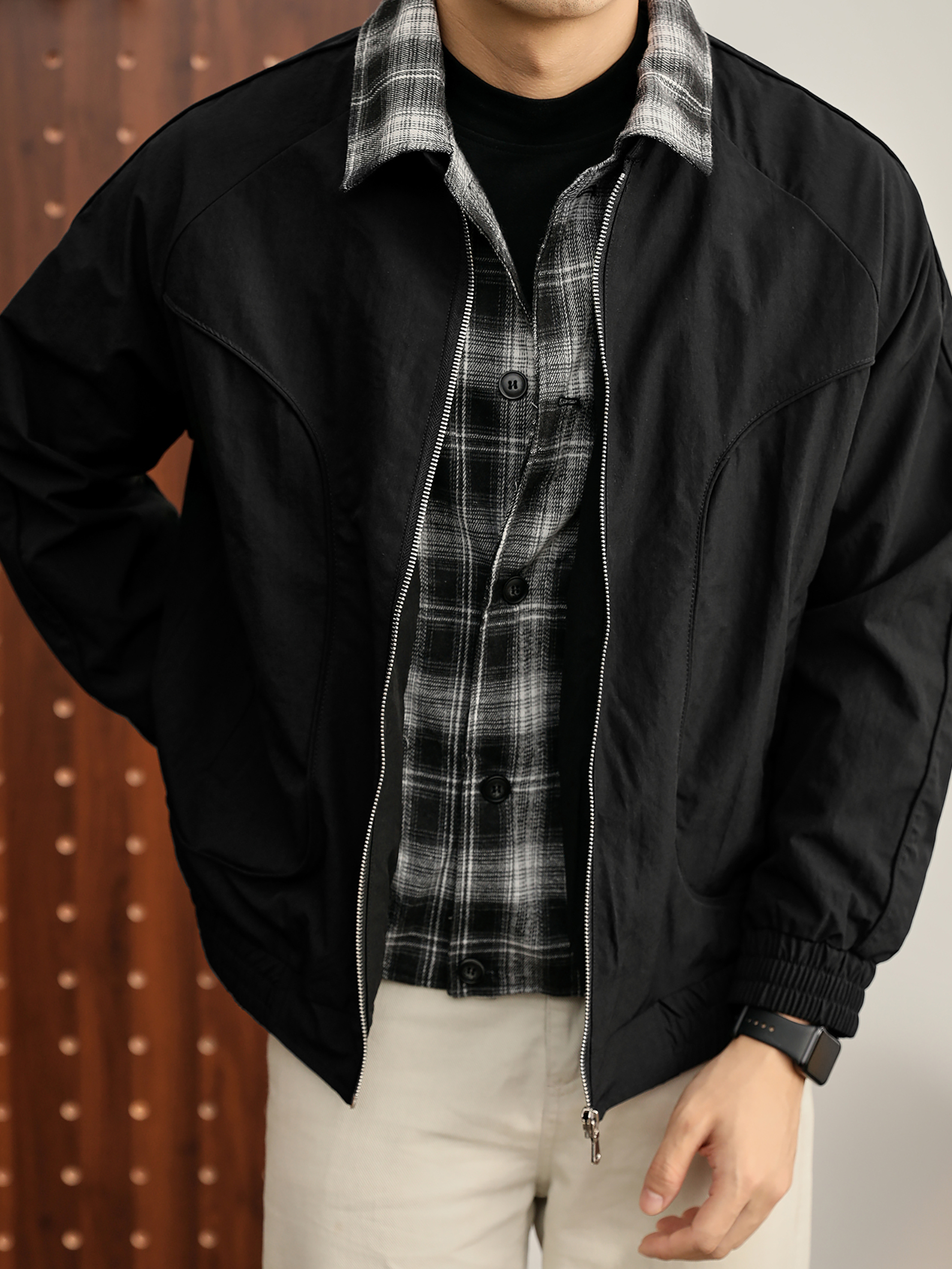 美式潮流撞色格紋拼接夾克弧形分割線雙重閉合假兩件外套男