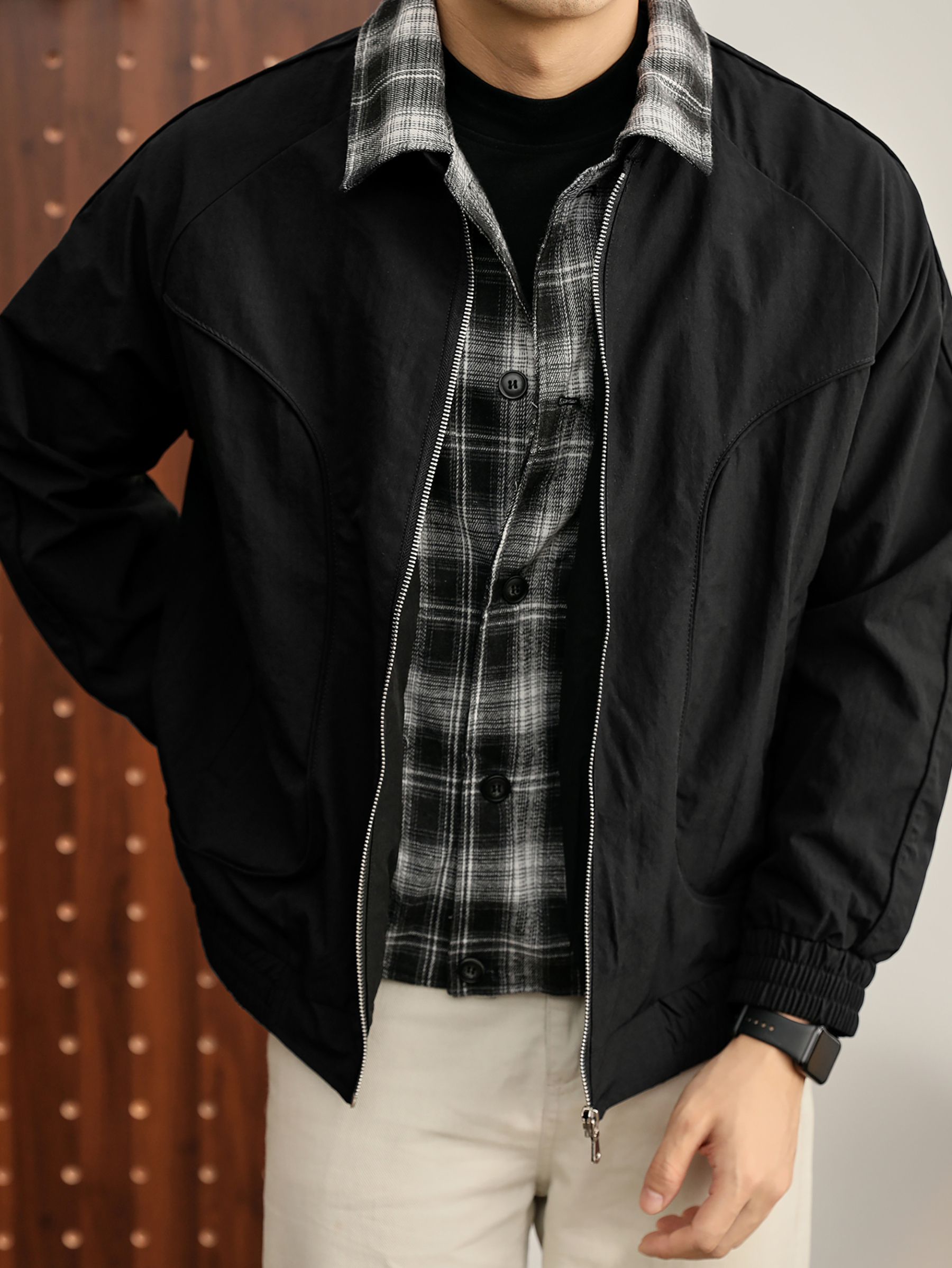 美式潮流撞色格紋拼接夾克弧形分割線雙重閉合假兩件外套男