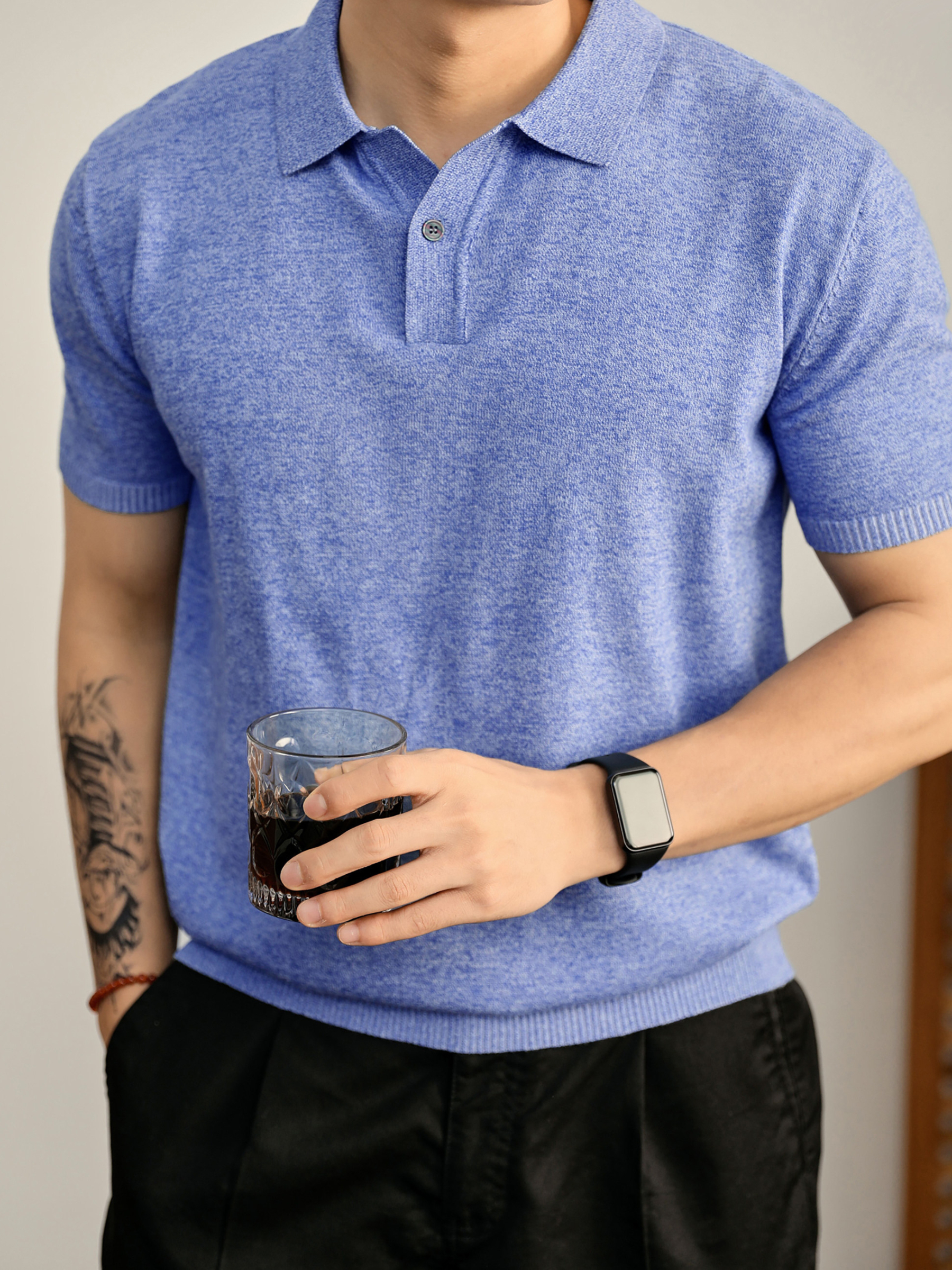 男夏季花天藍單紐扣設計翻領POLO衫輕奢休閒水洗棉針織短袖