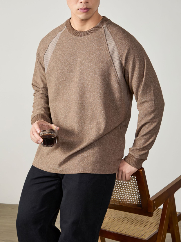 350G重磅插肩袖雪花彩棉T恤男高端撞色拼接長袖舒適圓領商務通勤