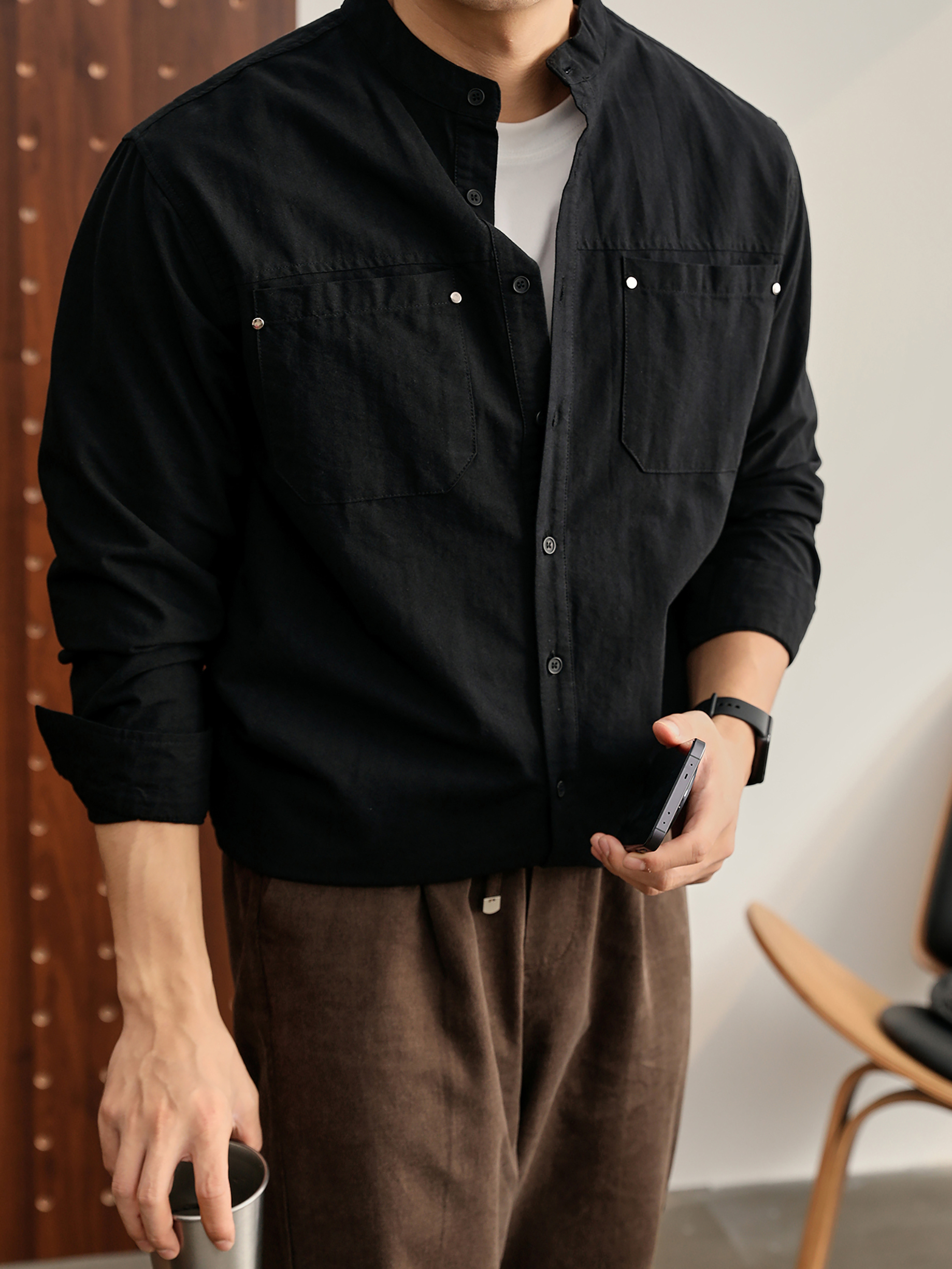 时尚潮奢立领长袖衬衫100%纯棉金属铆钉双口袋衬衣外套男款