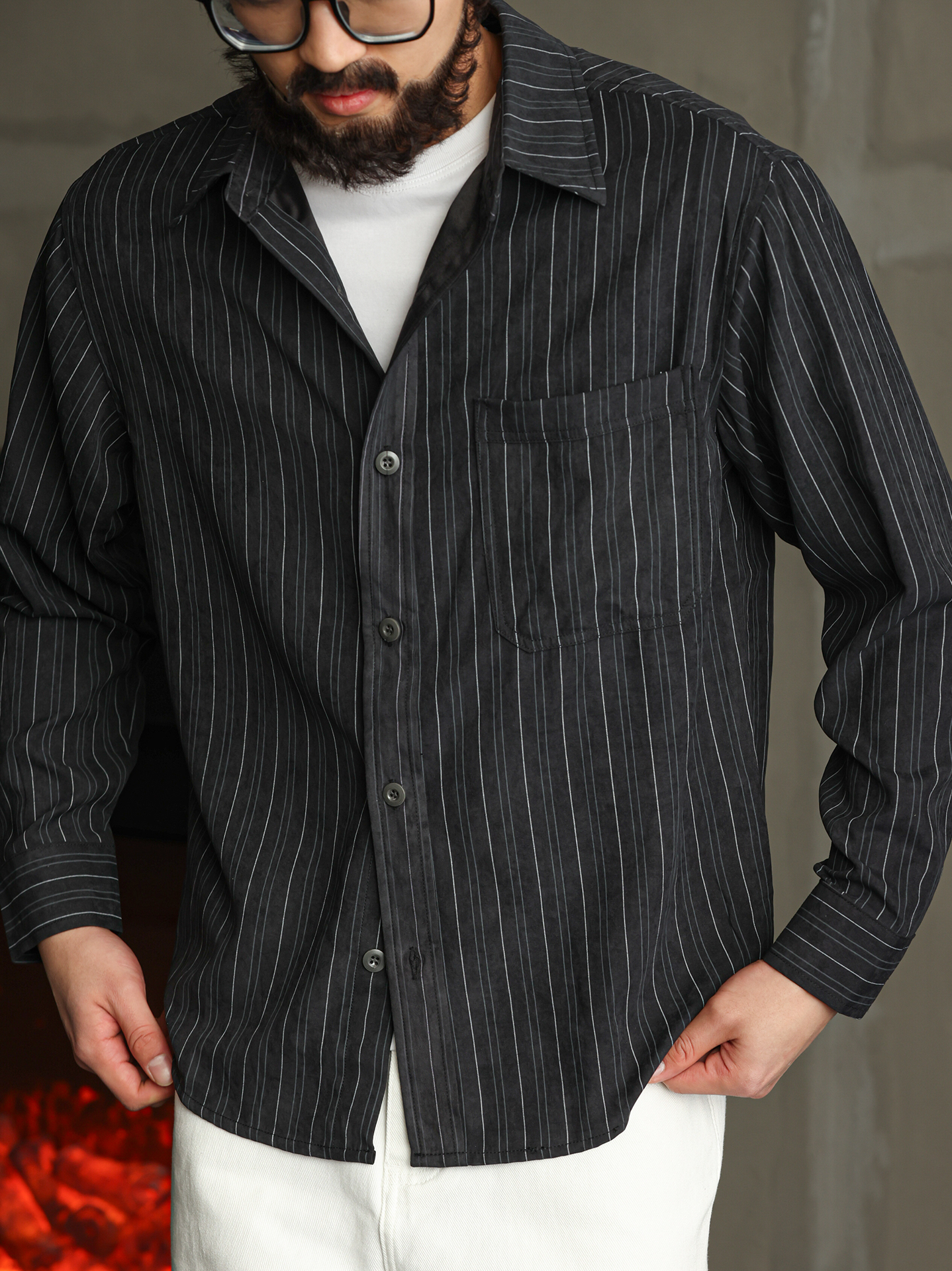 復古條紋銅氨絨抗皺長袖襯衫男夏秋季寬鬆休閒襯衣外套