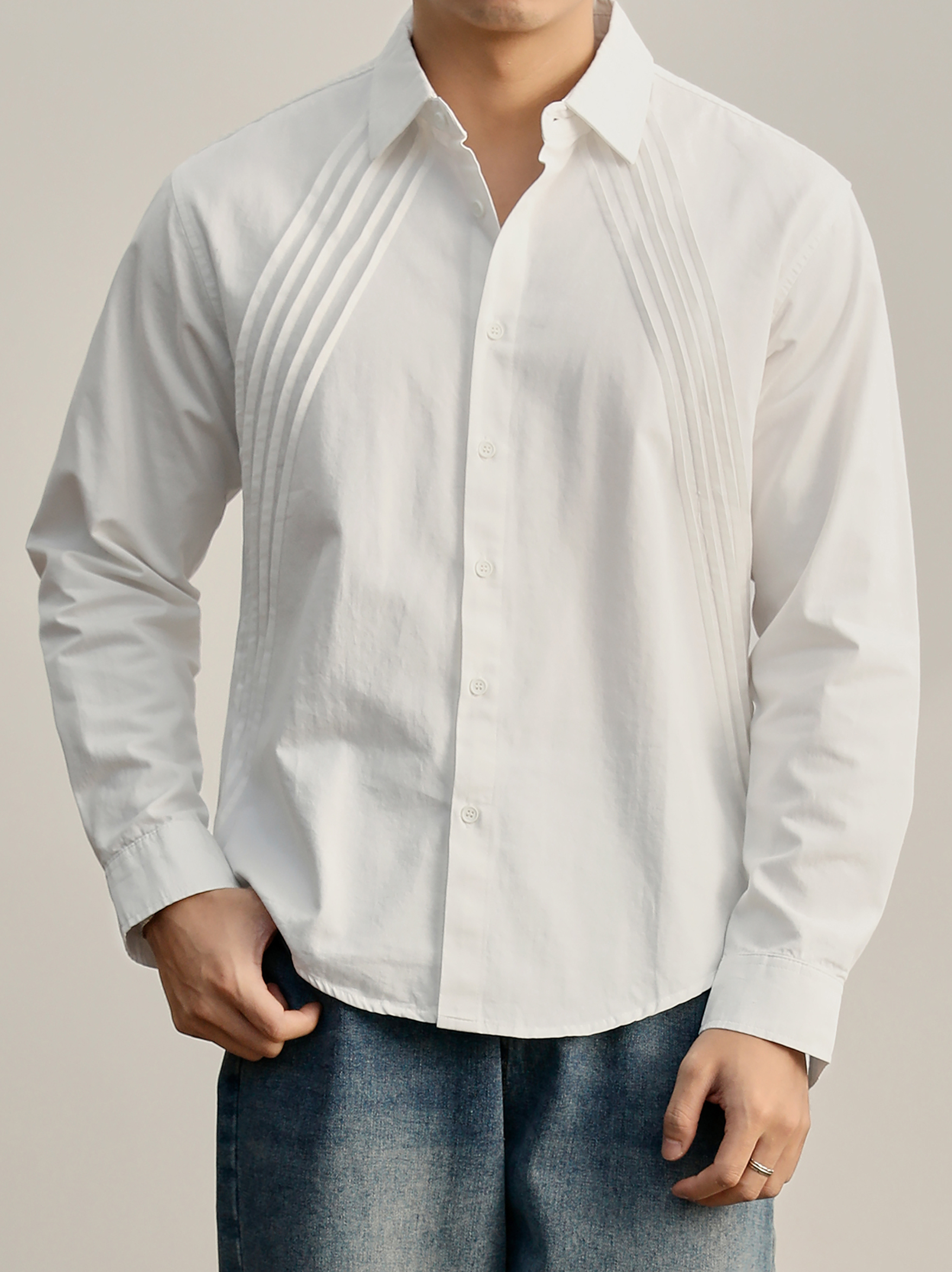 純色個性壓褶長袖襯衫100%純棉水洗挺括外穿百搭慵懶風襯衣