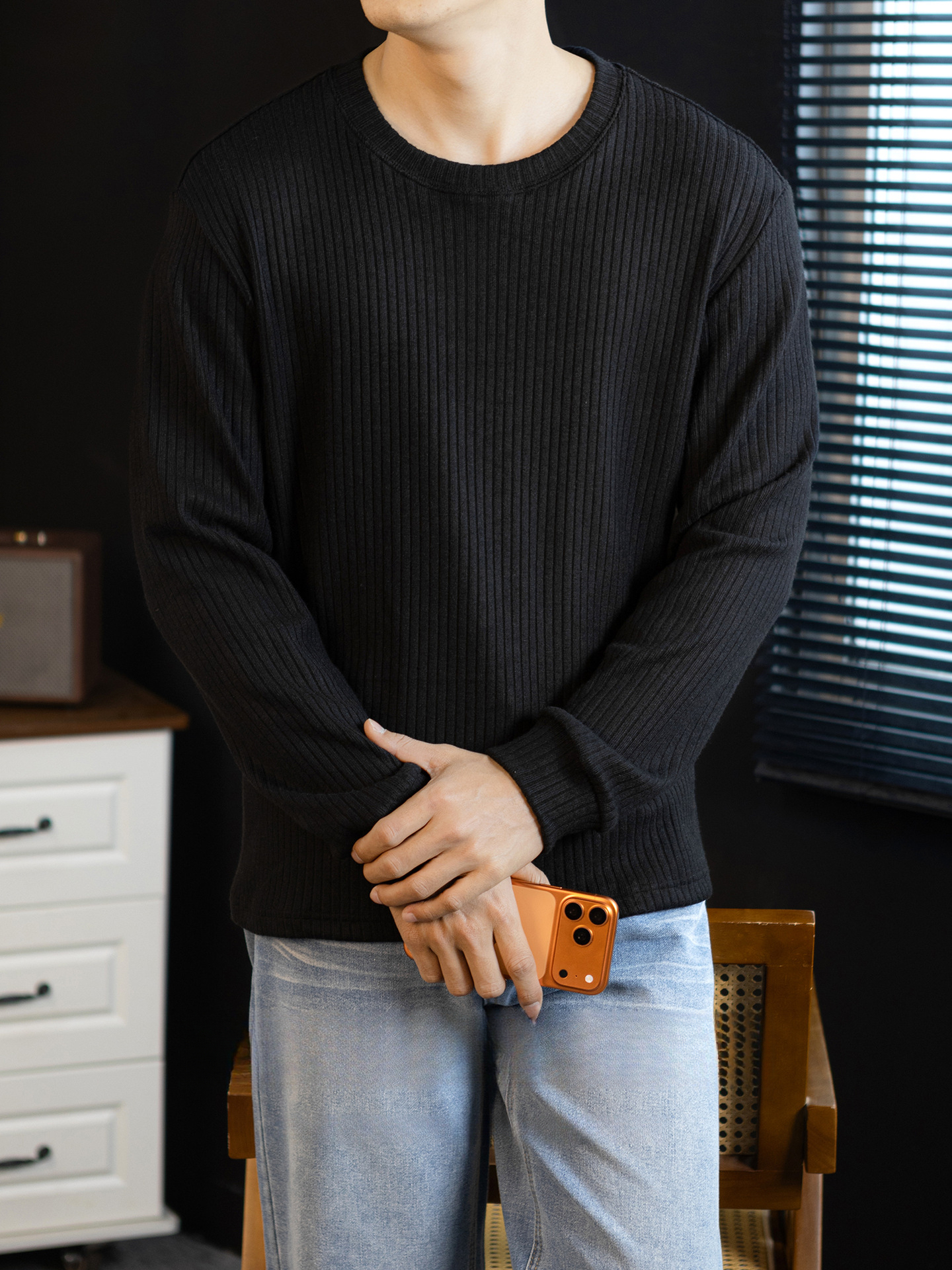 【儒雅格調】經典豎條紋寬鬆針織T桖長袖男士輕熟休閒打底春秋季