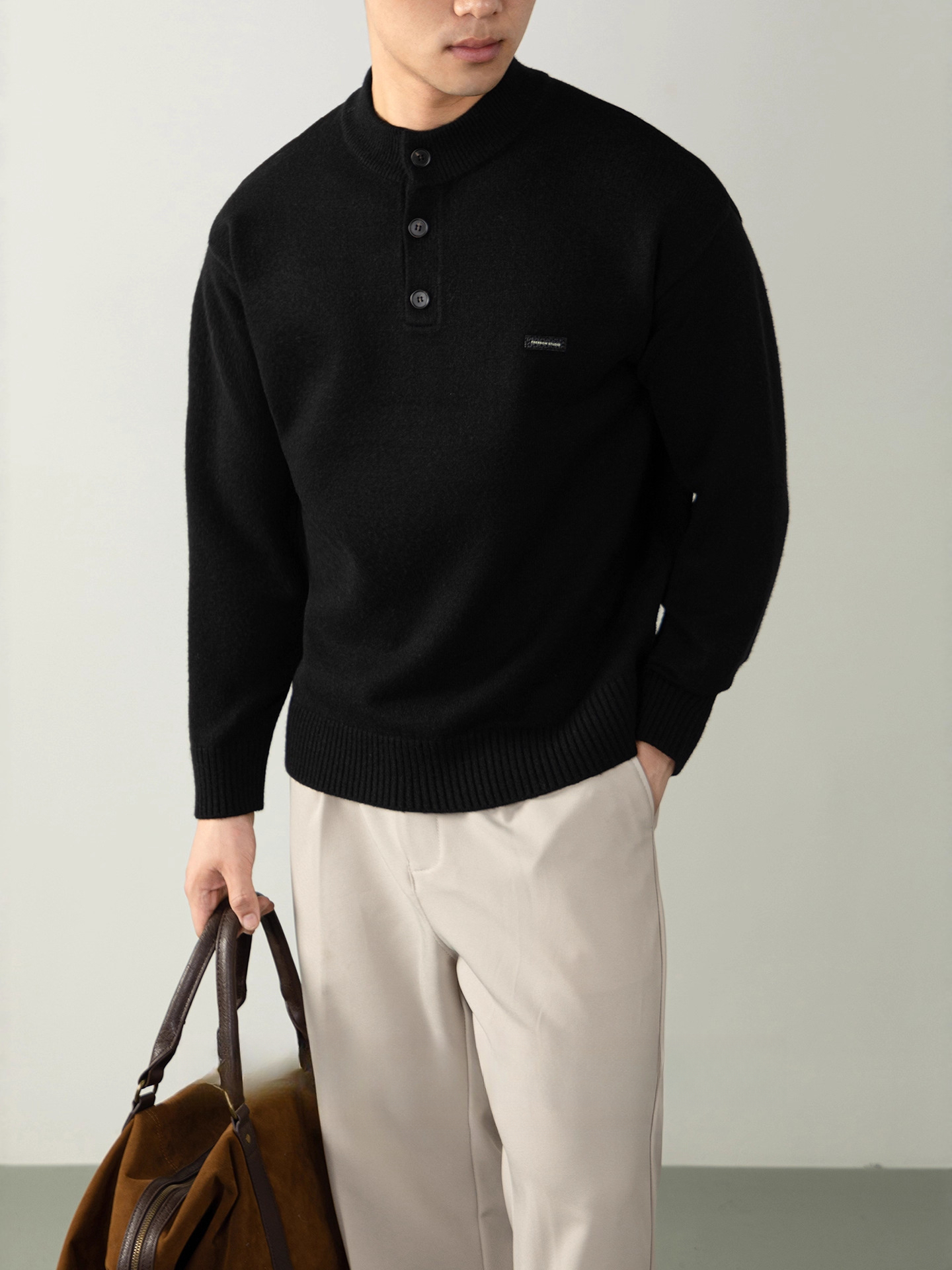 美式硬漢風亨利領皮標創意針織衫男士秋冬保暖慵懶高級落肩Polo衫